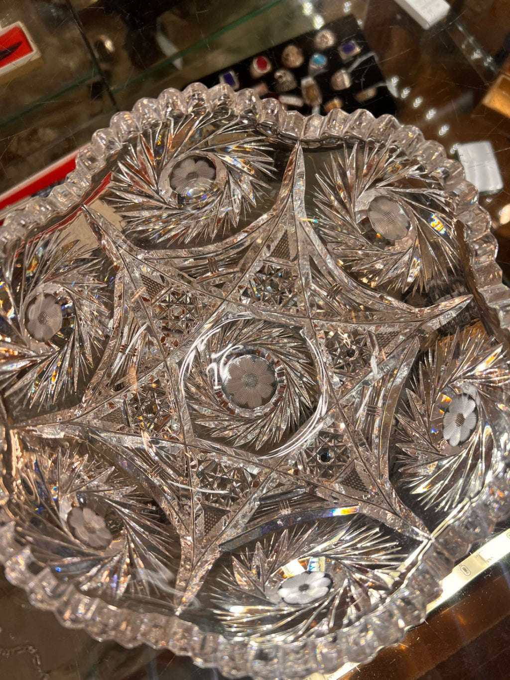 Vintage American Brilliant Cut Glass Crystal Bowl Star Design Large 9”