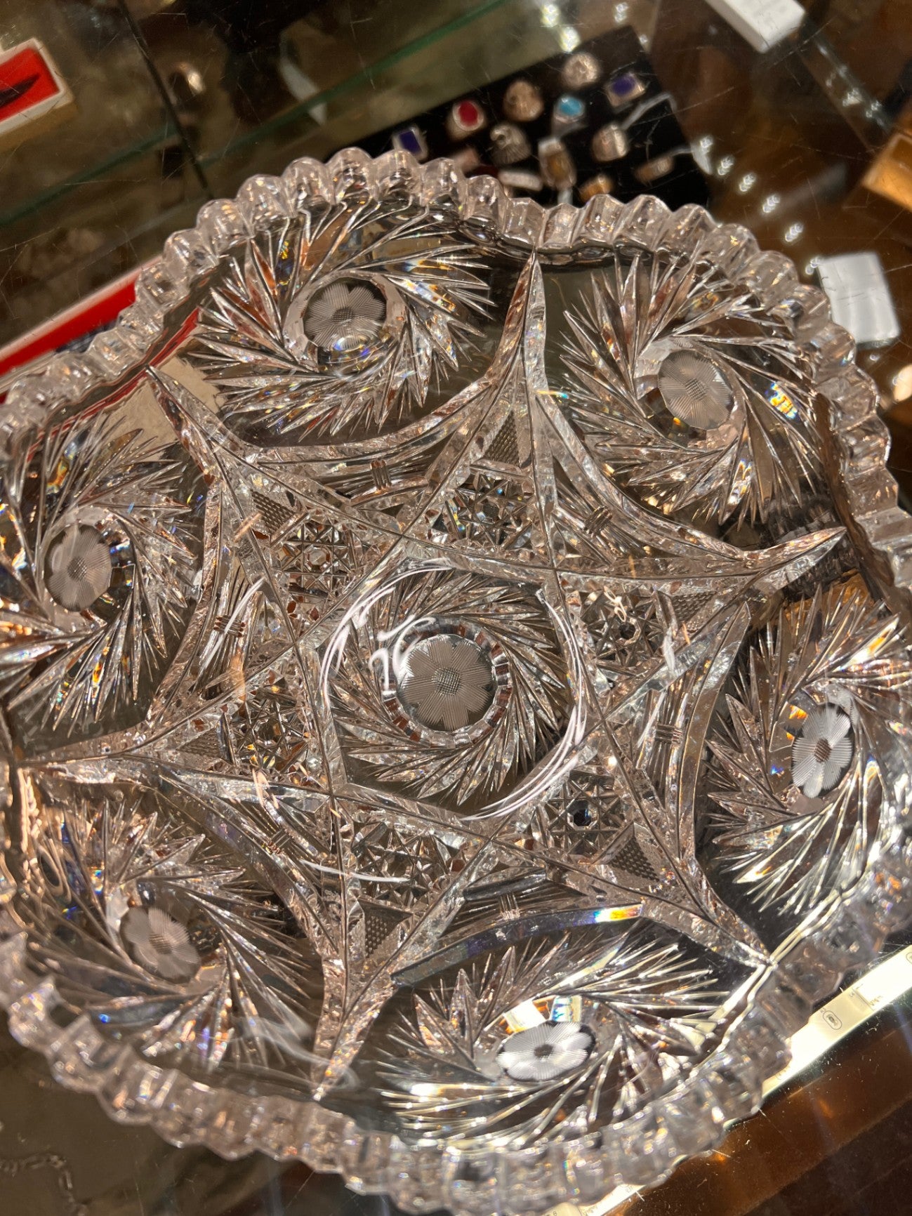 Vintage American Brilliant Cut Glass Crystal Bowl Star Design Large 9”
