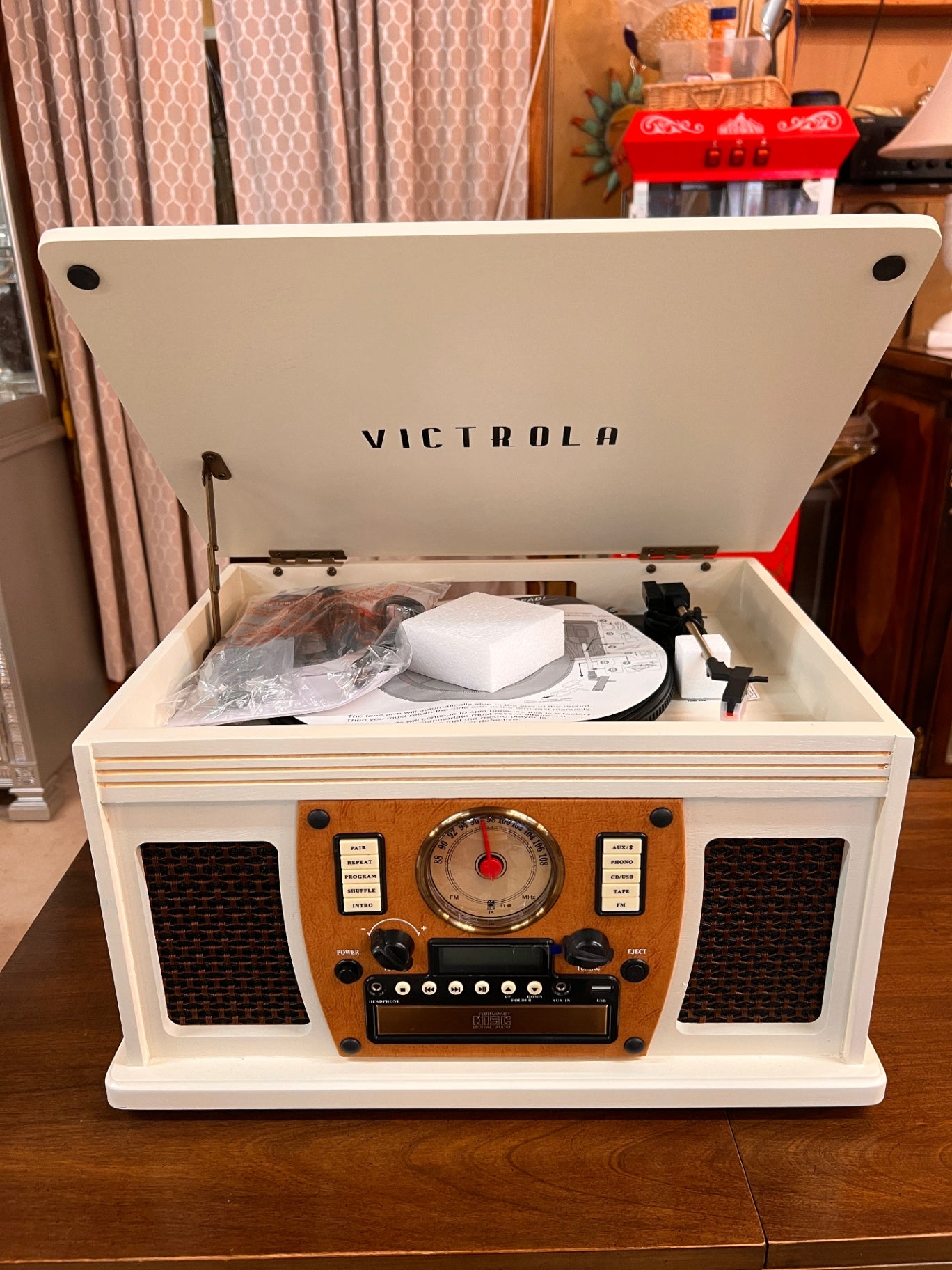 Victrola 8-in-1 Real Wood Record Player with CD, USB & Bluetooth - White Color