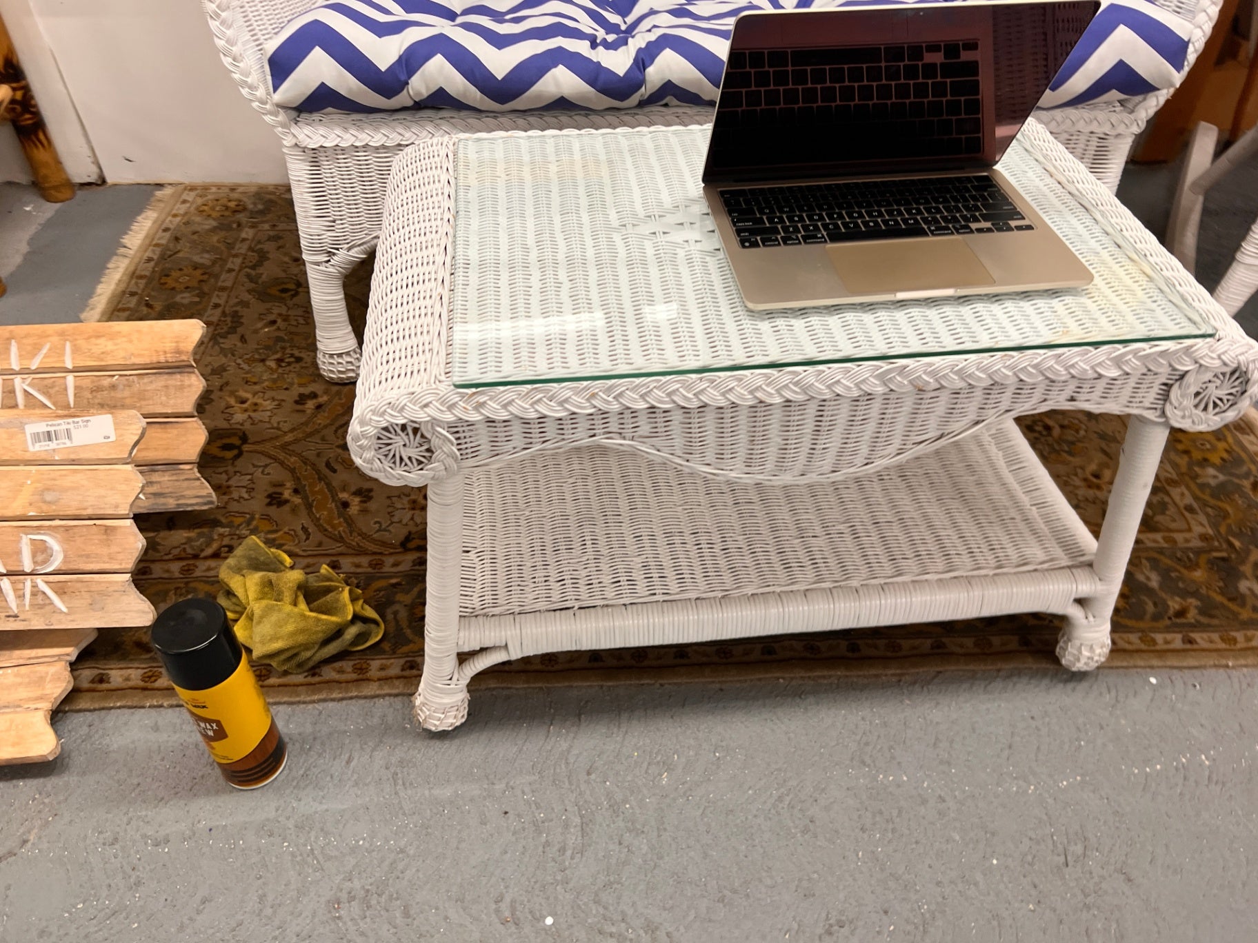 White Wicker Glass Top Coffee Table