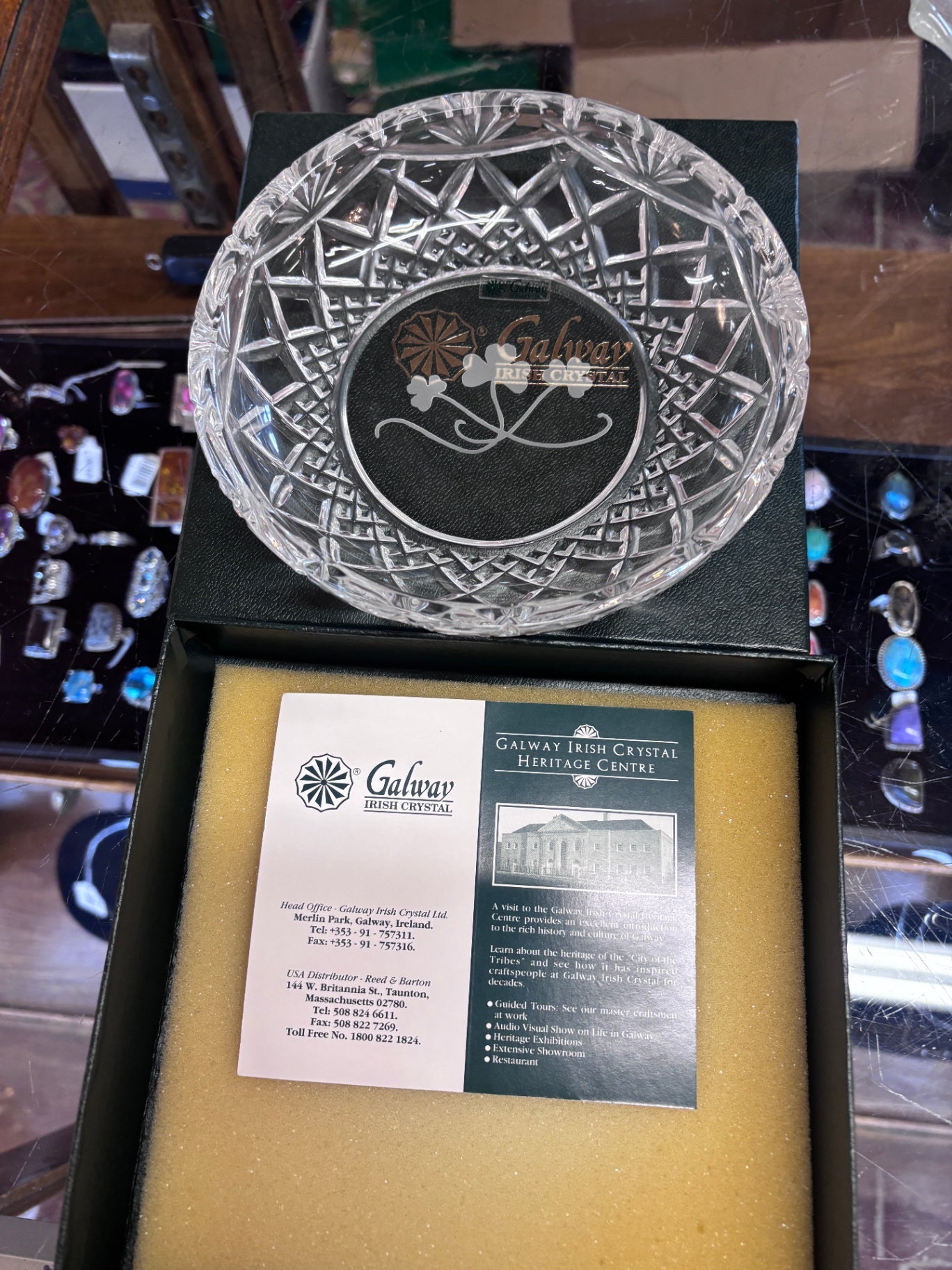 Galway Irish Crystal dish featuring an etched shamrock design