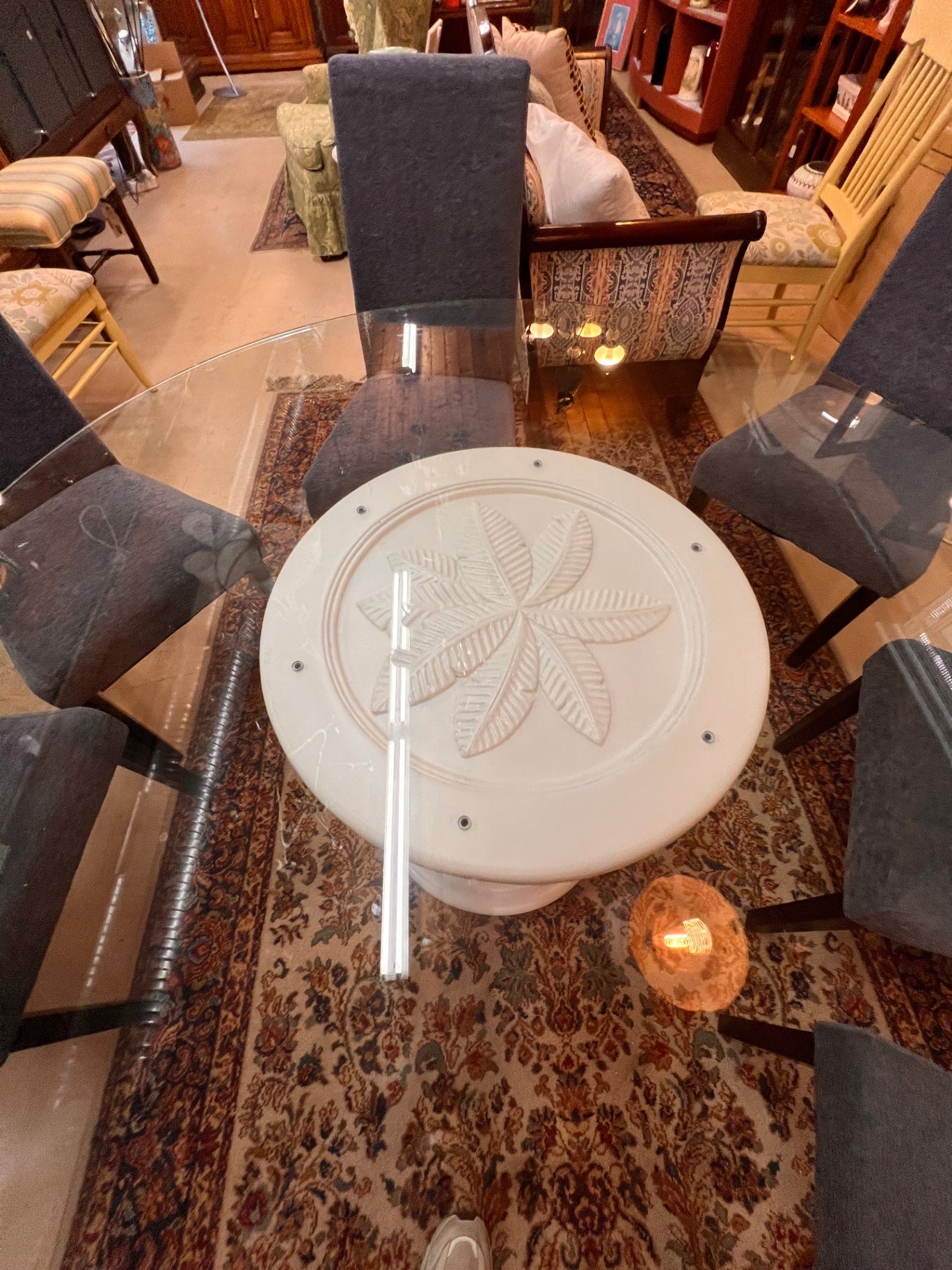 Pineapple And Starfish Glass Top Round Table With Six Chairs