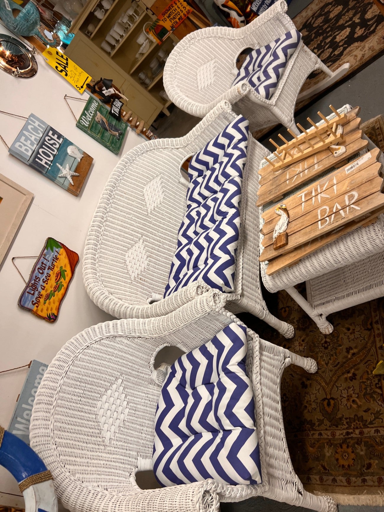 White Wicker Love Seat, Rocker and Chair