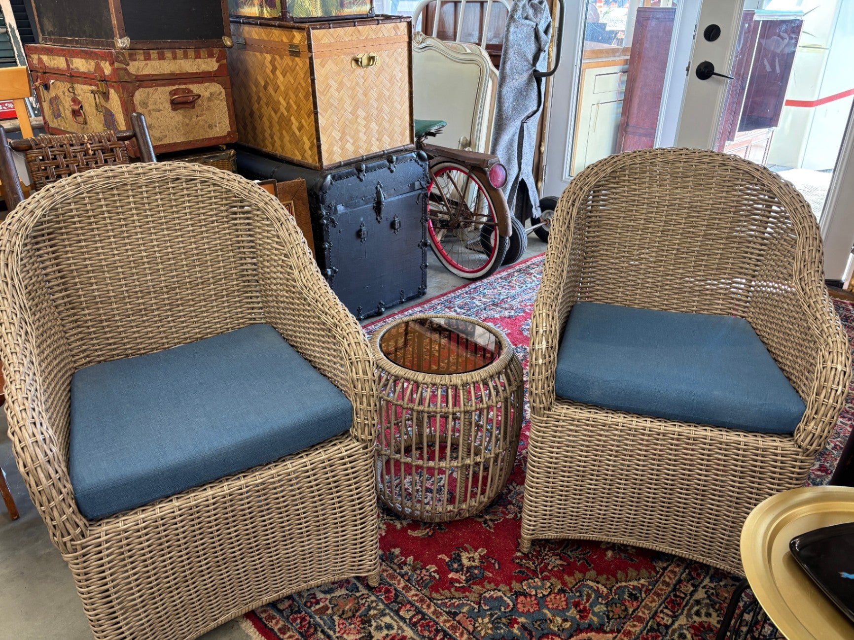 Gray Wicker Patio Seating 2 chairs and Table