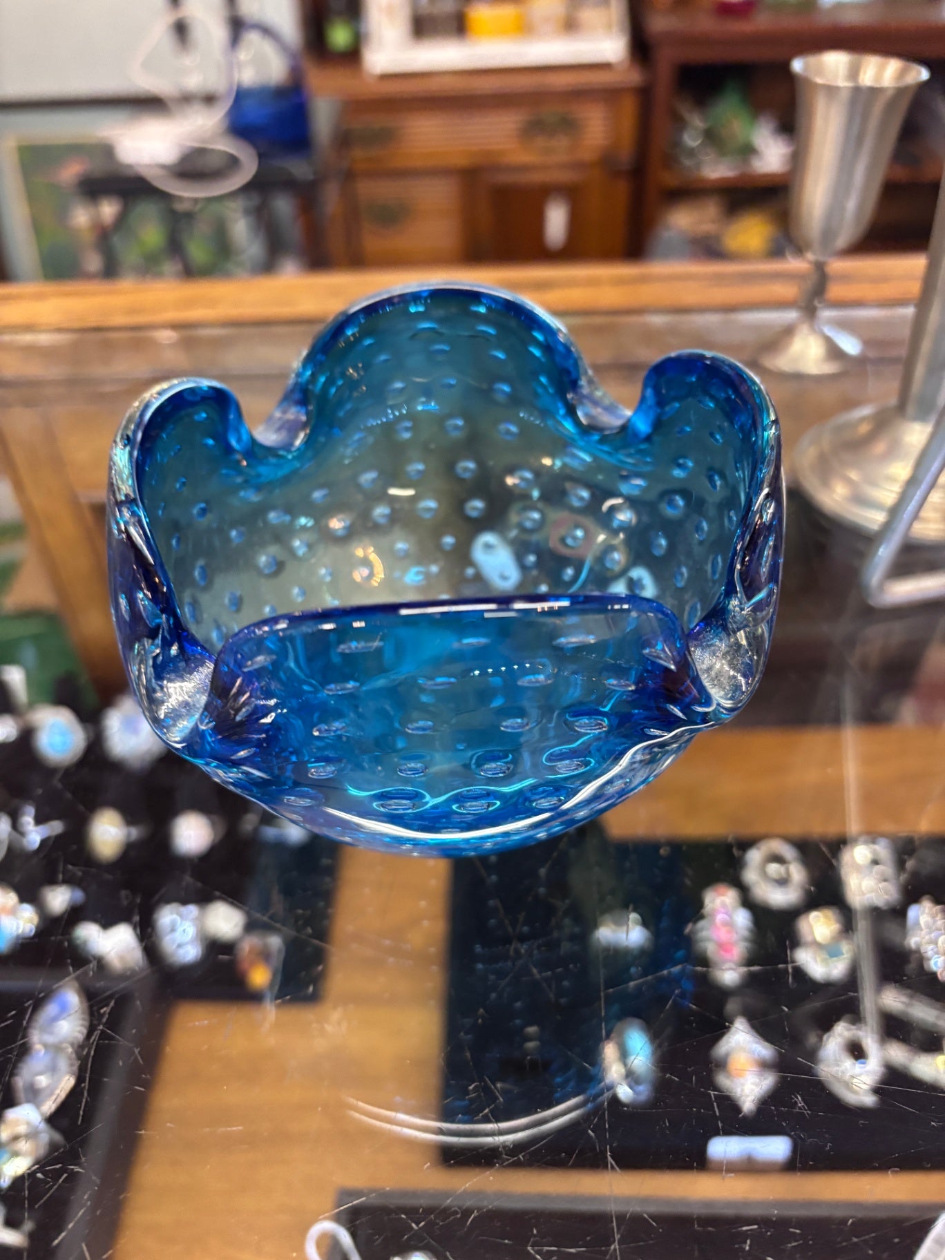  Blue art glass bowl, often referred to as a "bullicante" bowl/ashtray