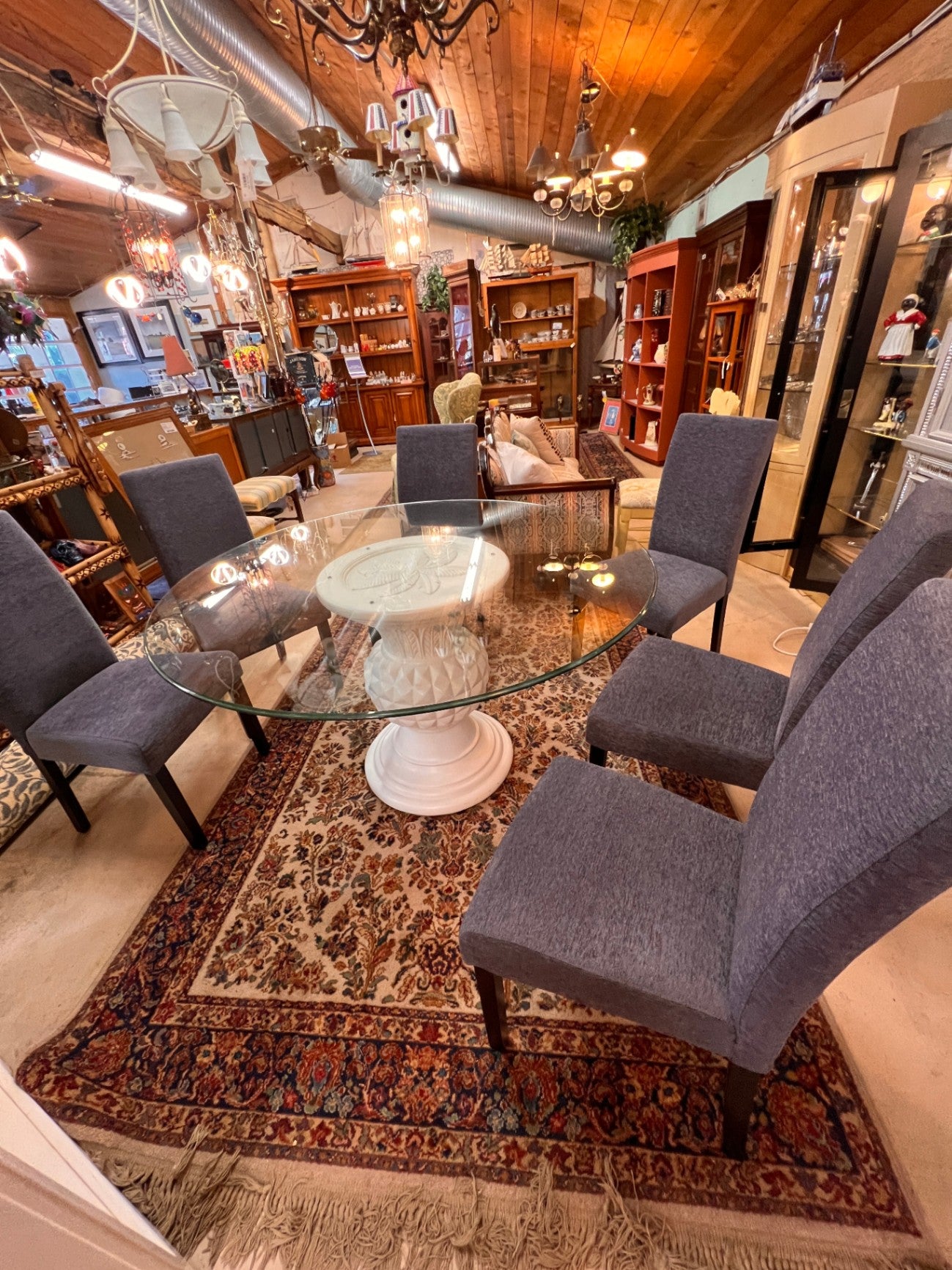 Pineapple And Starfish Glass Top Round Table With Six Chairs