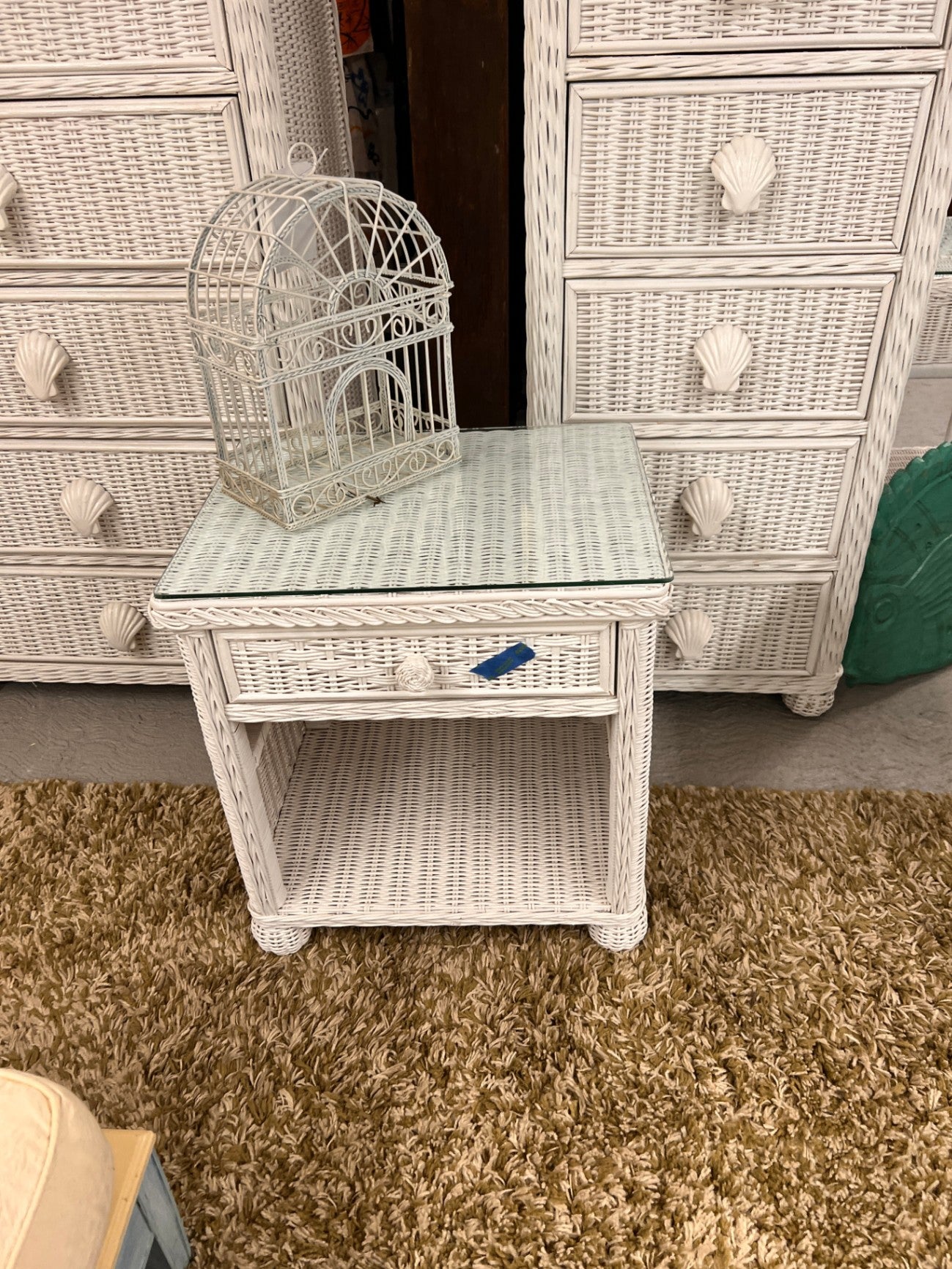 White Wicker Side Table With Drawer