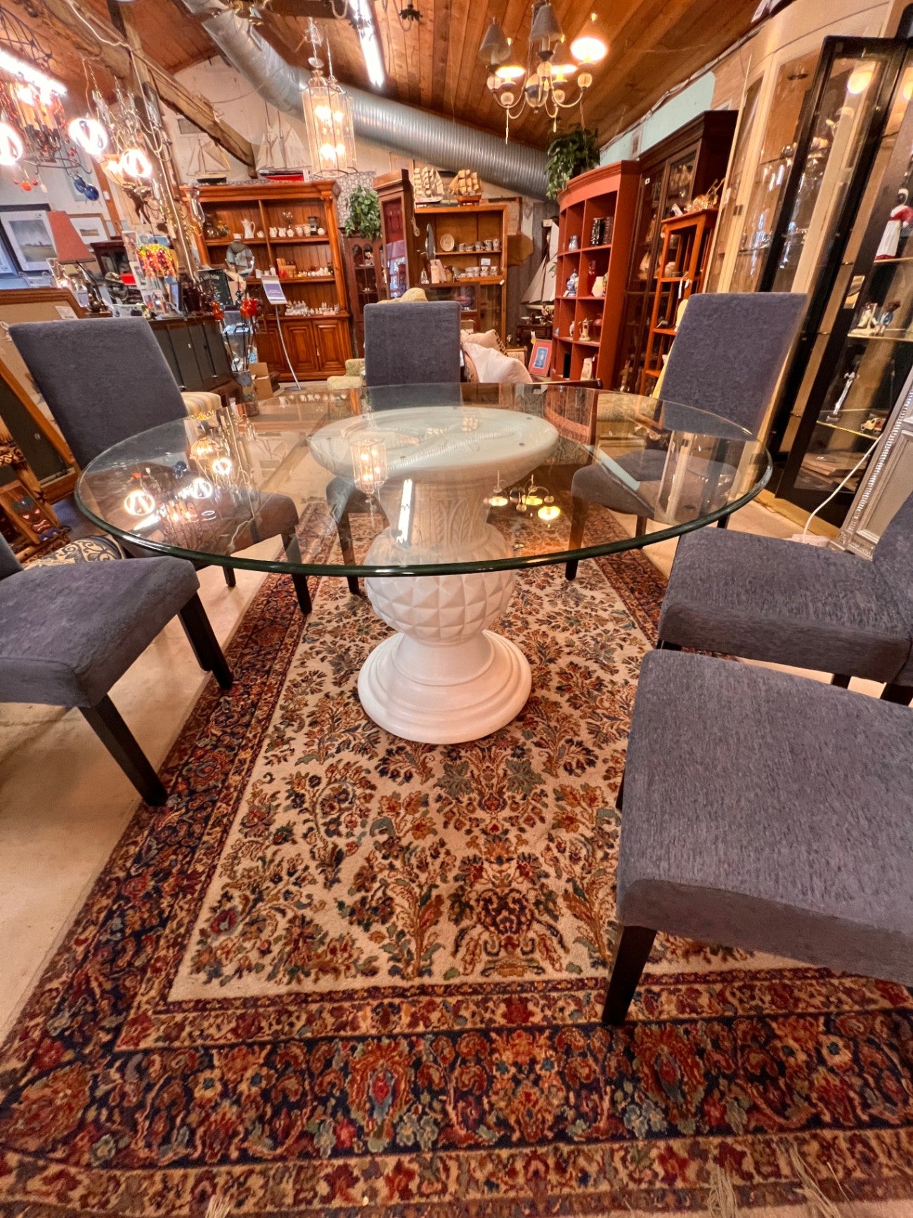Pineapple And Starfish Glass Top Round Table With Six Chairs