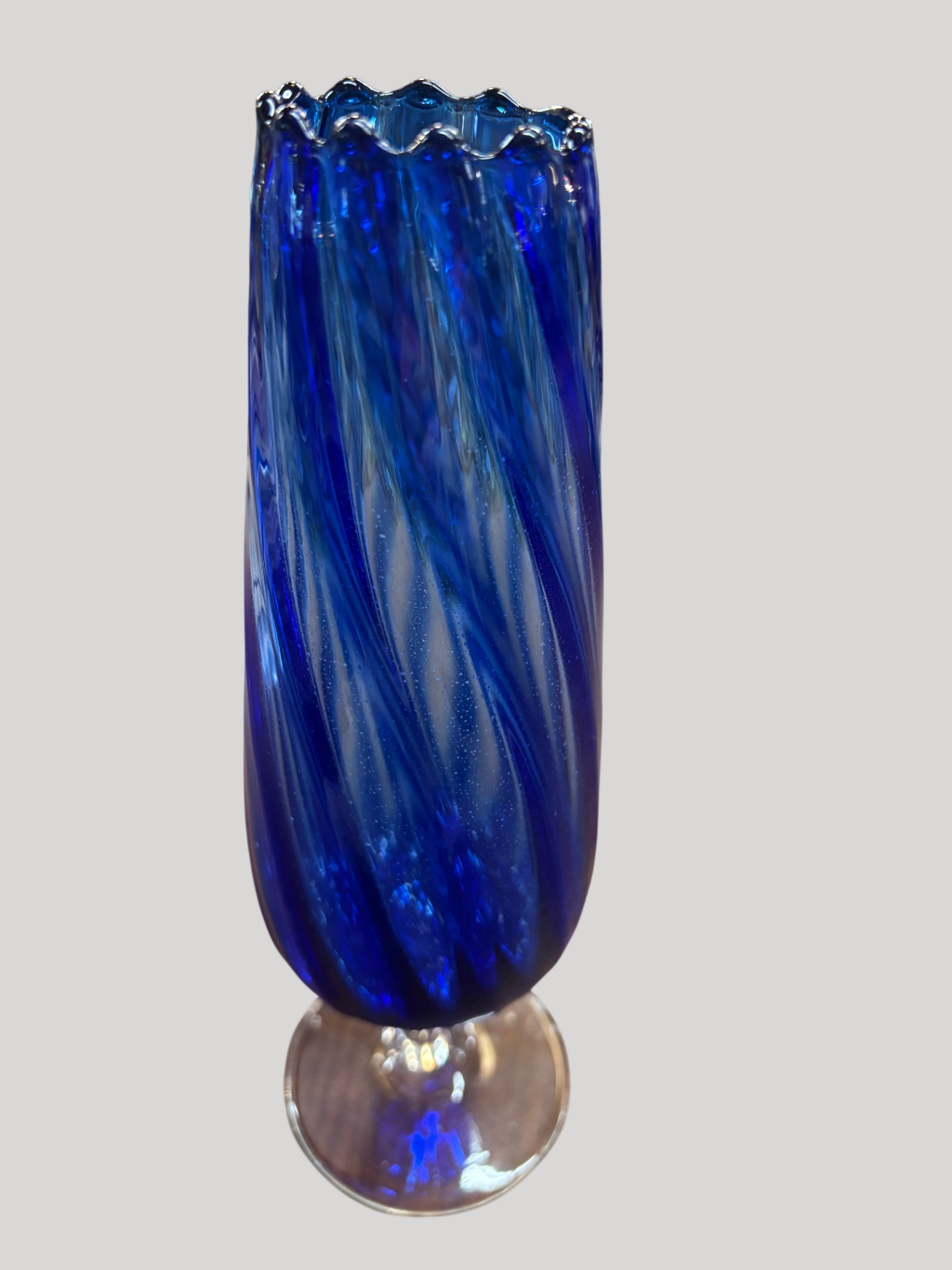 Empoli Style Italian Art Glass Vase with Clear Twisted Pedestal Cobalt Blue