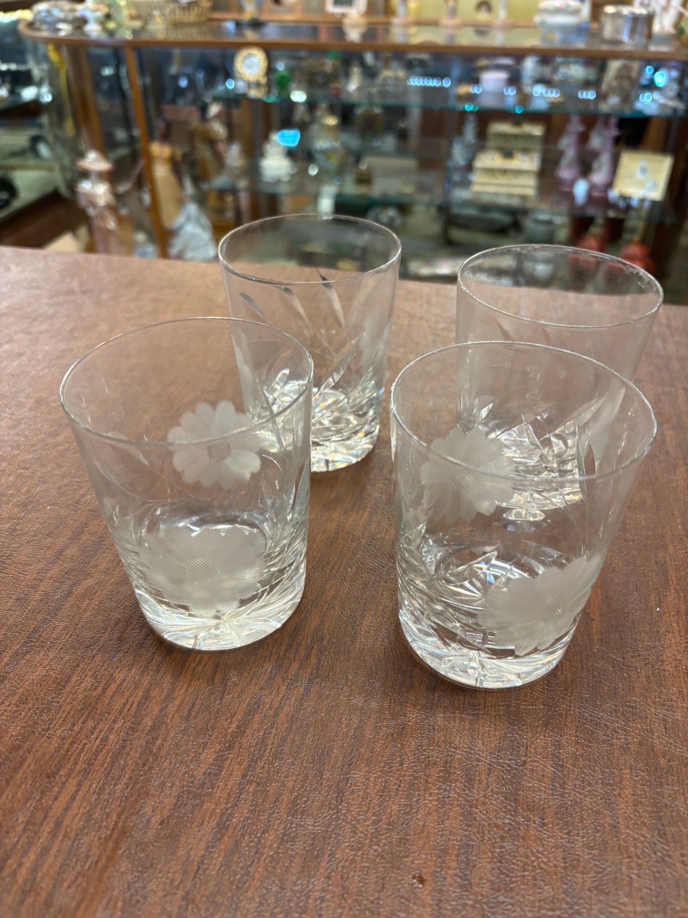 4 Vintage, EAPG, Innovation, By McKee, Double Old-Fashioned, Cocktail Glasses, Whiskey Glass, Ounces, Etched Floral, Kriss-Cross Pattern