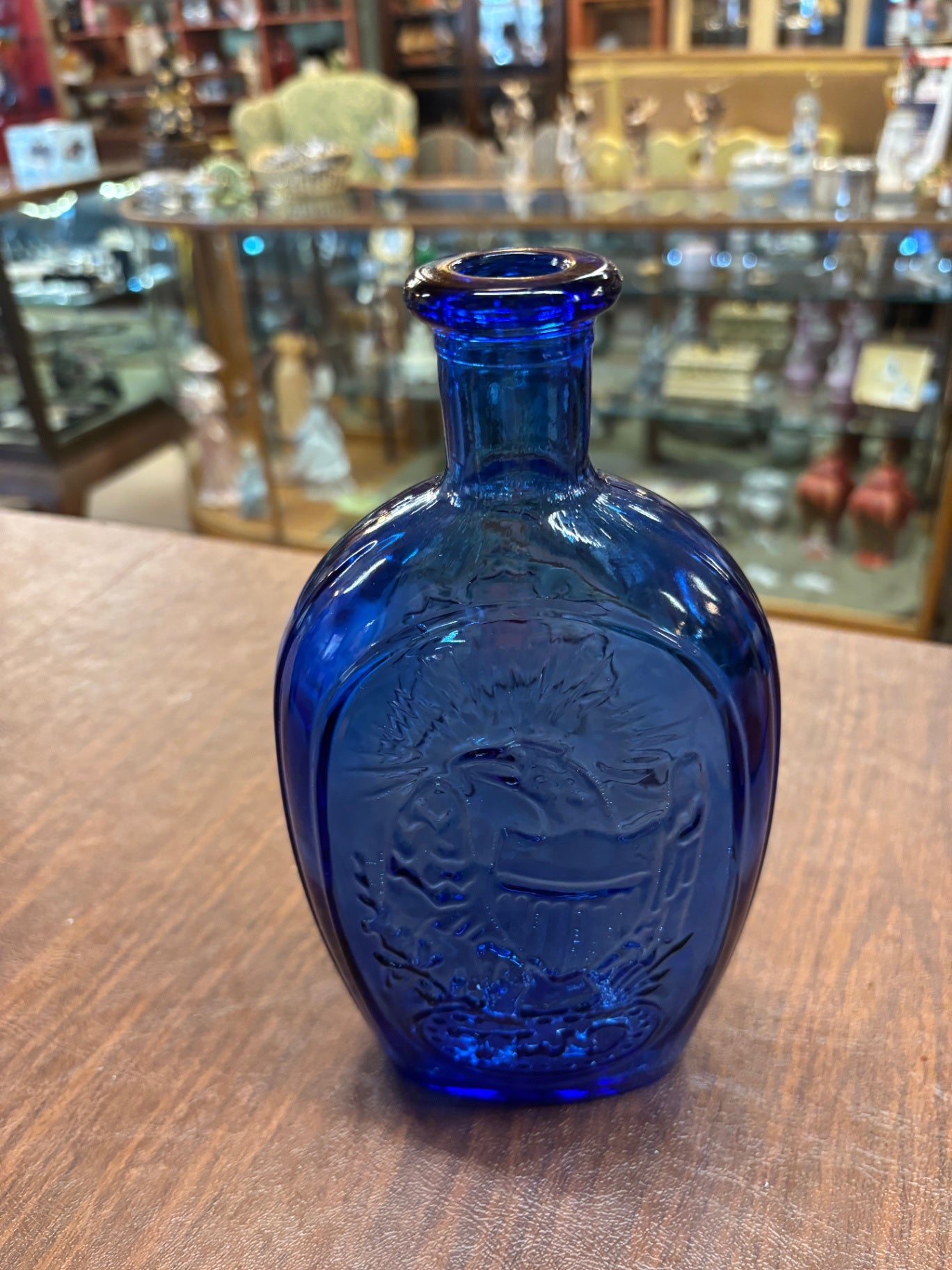 Vintage Cobalt Blue Bottle With Franklin Ship And TWD Eagle And Shield