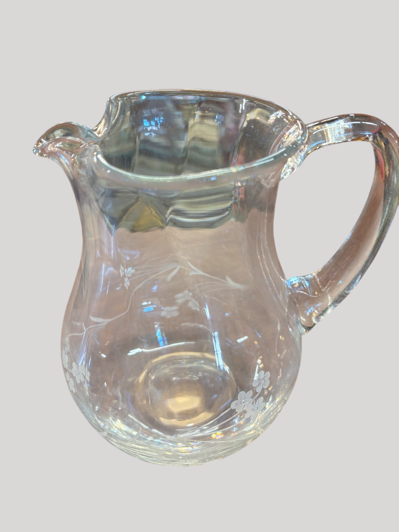 Vintage Glass Water Pitcher Etched Flowers Floral 7” Tall