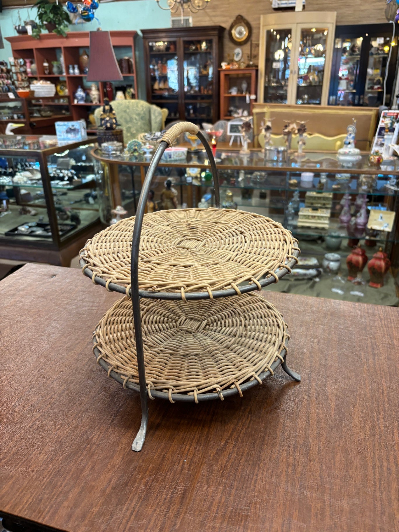 Vintage Wicker Metal 2 Tier Hostess Server 
