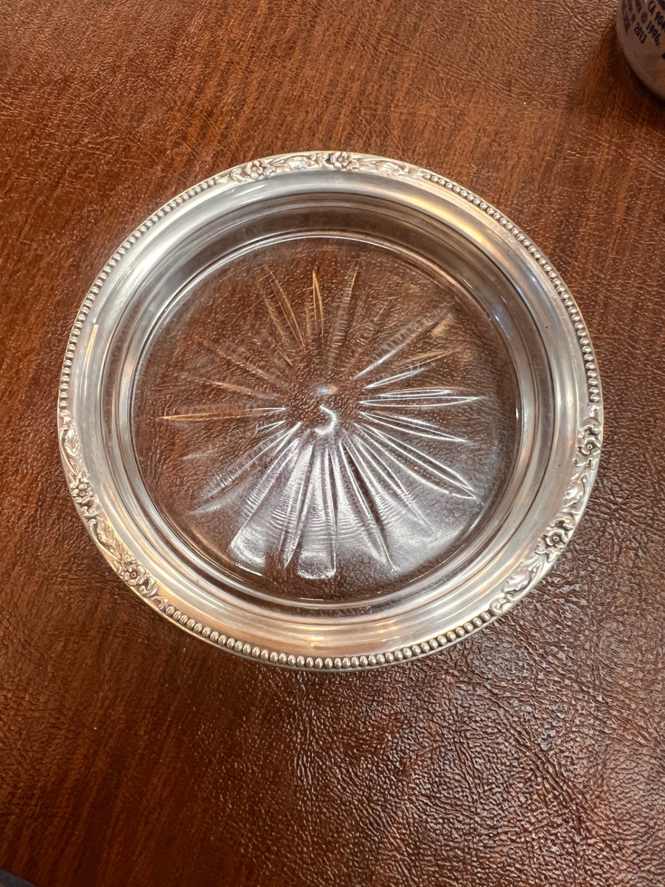 Frank Whiting STERLING FANCY BEADED EDGE GLASS CRYSTAL BOTTLE COASTER LEMON DISH