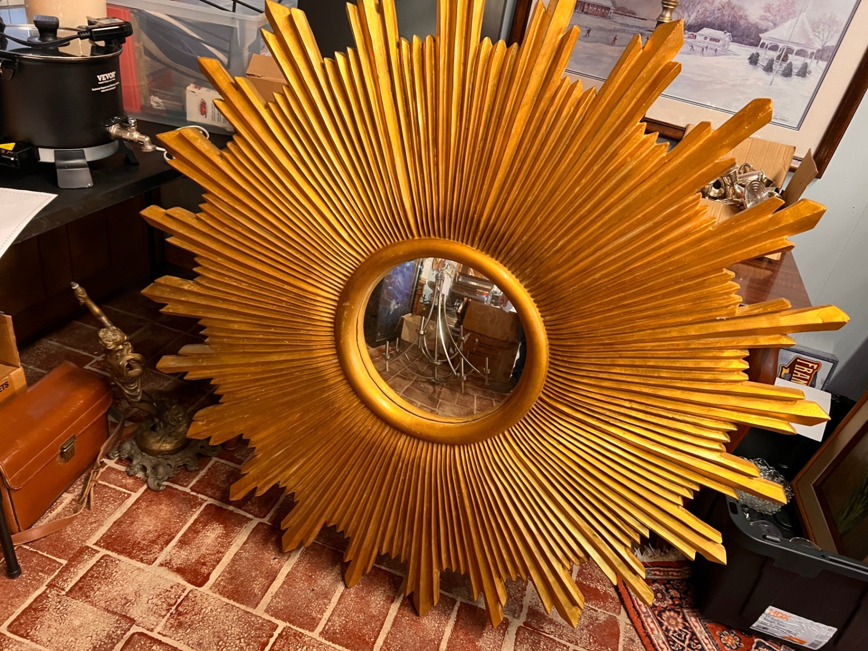 Large Giltwood Carved Convex Sunburst Mirror