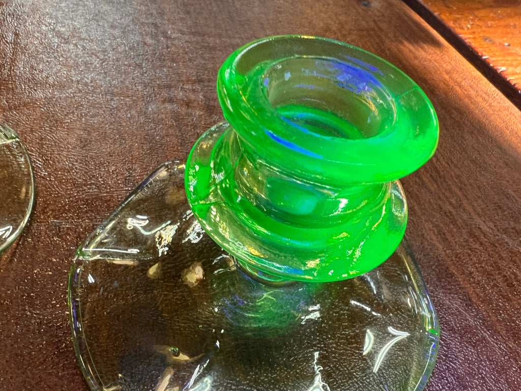 Pair Of Uranium/Vaseline Glass Candlestick Holders Vintage