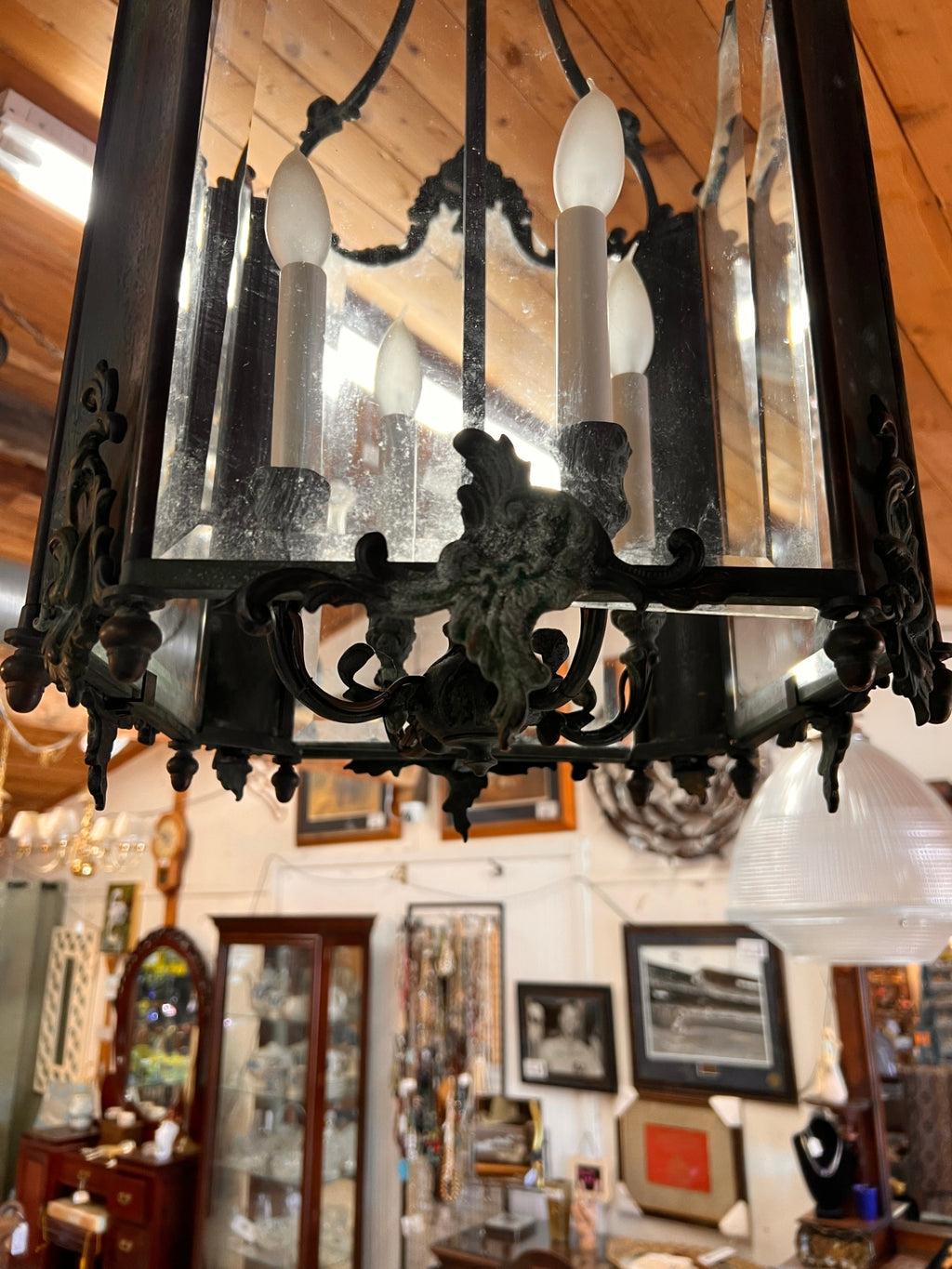 Antique French Rococo Revival Solid Bronze Hall Lantern Chandelier with Beveled Glass Panels