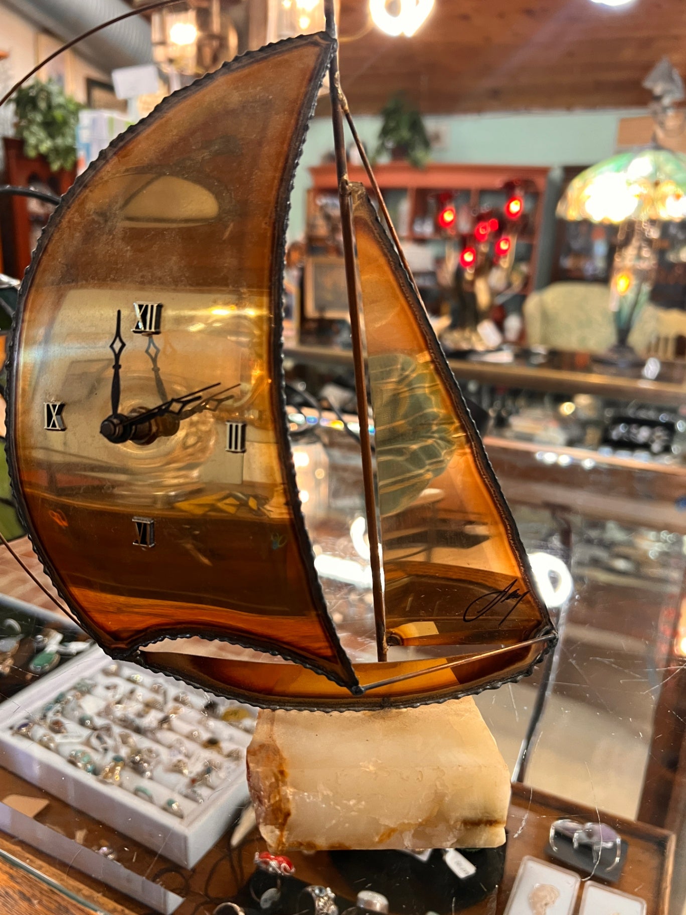 Signed MCM Brass Sailboat On Marble Base Clock