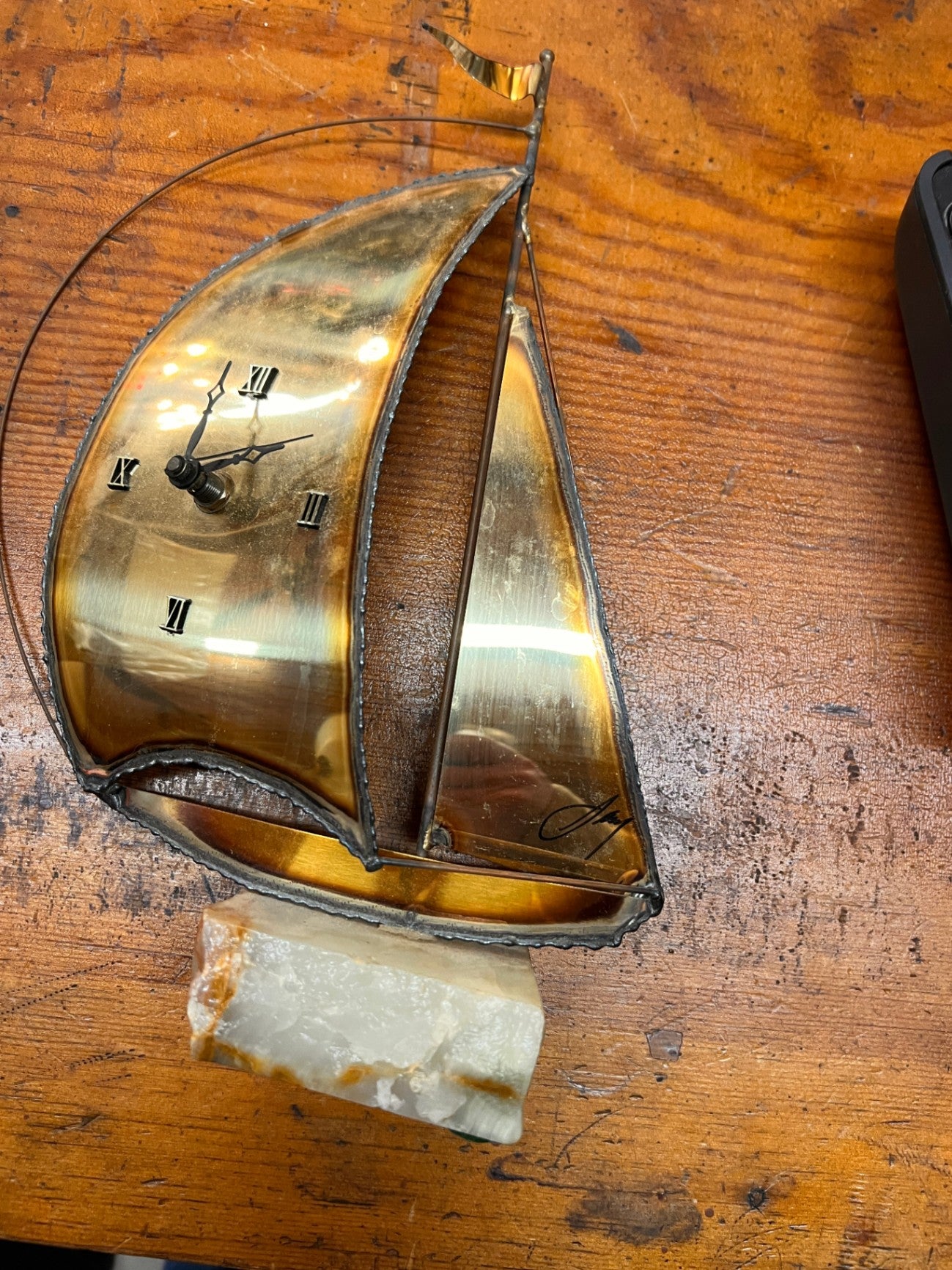 Signed MCM Brass Sailboat On Marble Base Clock