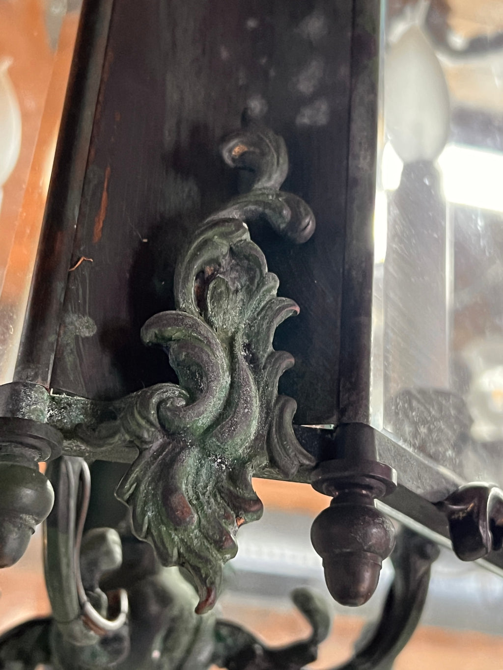 Antique French Rococo Revival Solid Bronze Hall Lantern Chandelier with Beveled Glass Panels