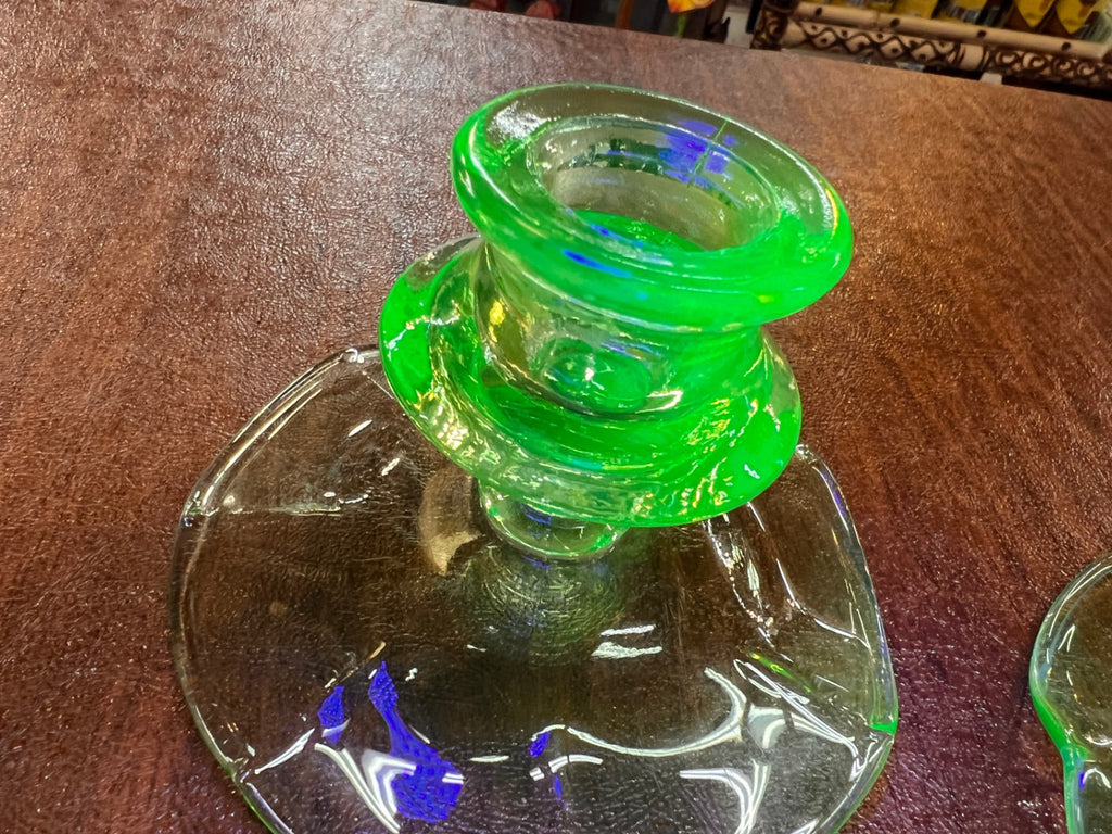 Pair Of Uranium/Vaseline Glass Candlestick Holders Vintage