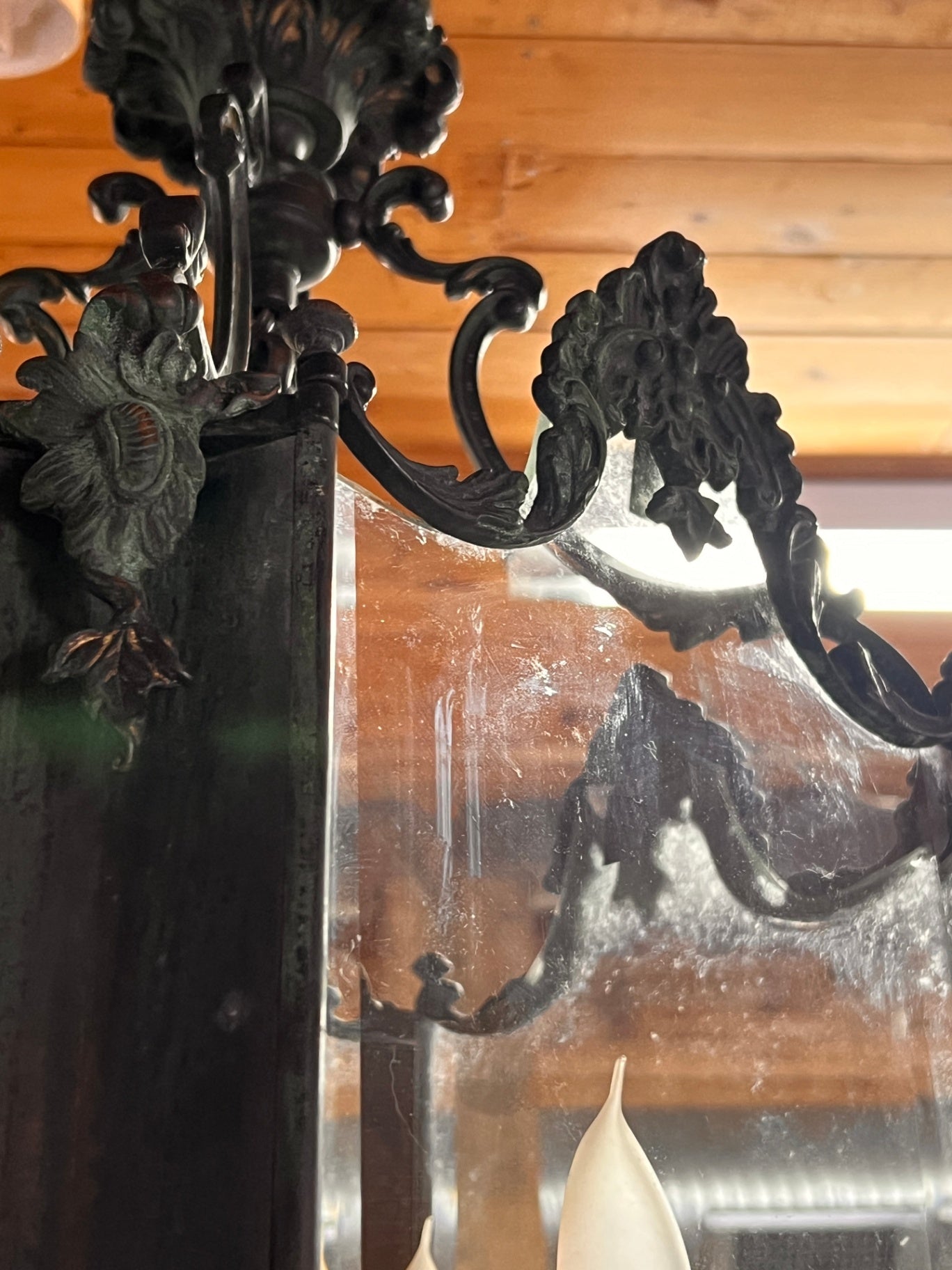 Antique French Rococo Revival Solid Bronze Hall Lantern Chandelier with Beveled Glass Panels