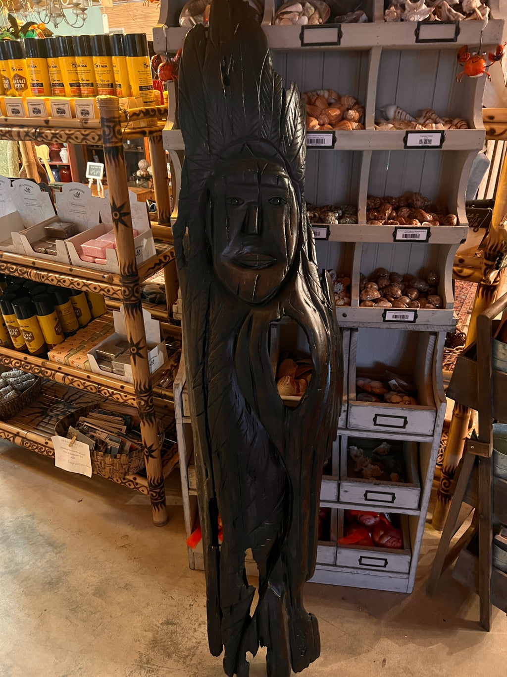 Monumental Hand-Carved Native American Chief Driftwood Sculpture – 65” Tall Rustic Statement Piece