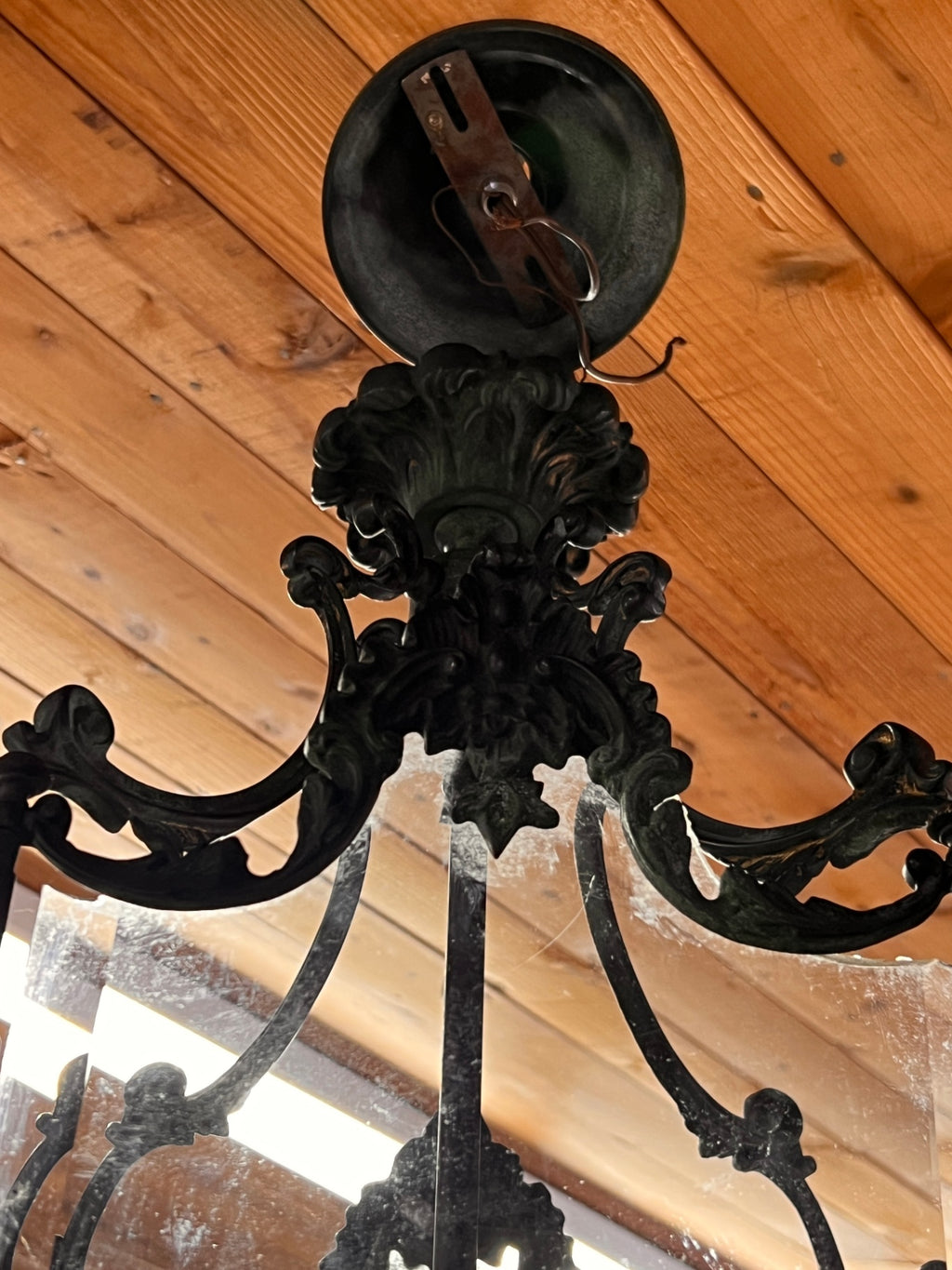 Antique French Rococo Revival Solid Bronze Hall Lantern Chandelier with Beveled Glass Panels