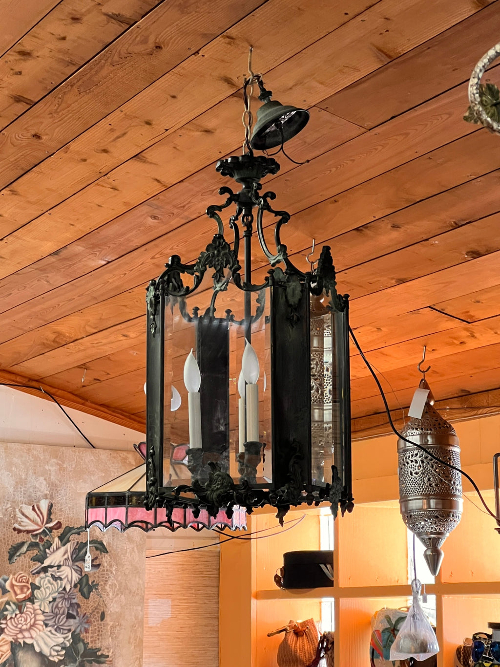 Antique French Rococo Revival Solid Bronze Hall Lantern Chandelier with Beveled Glass Panels