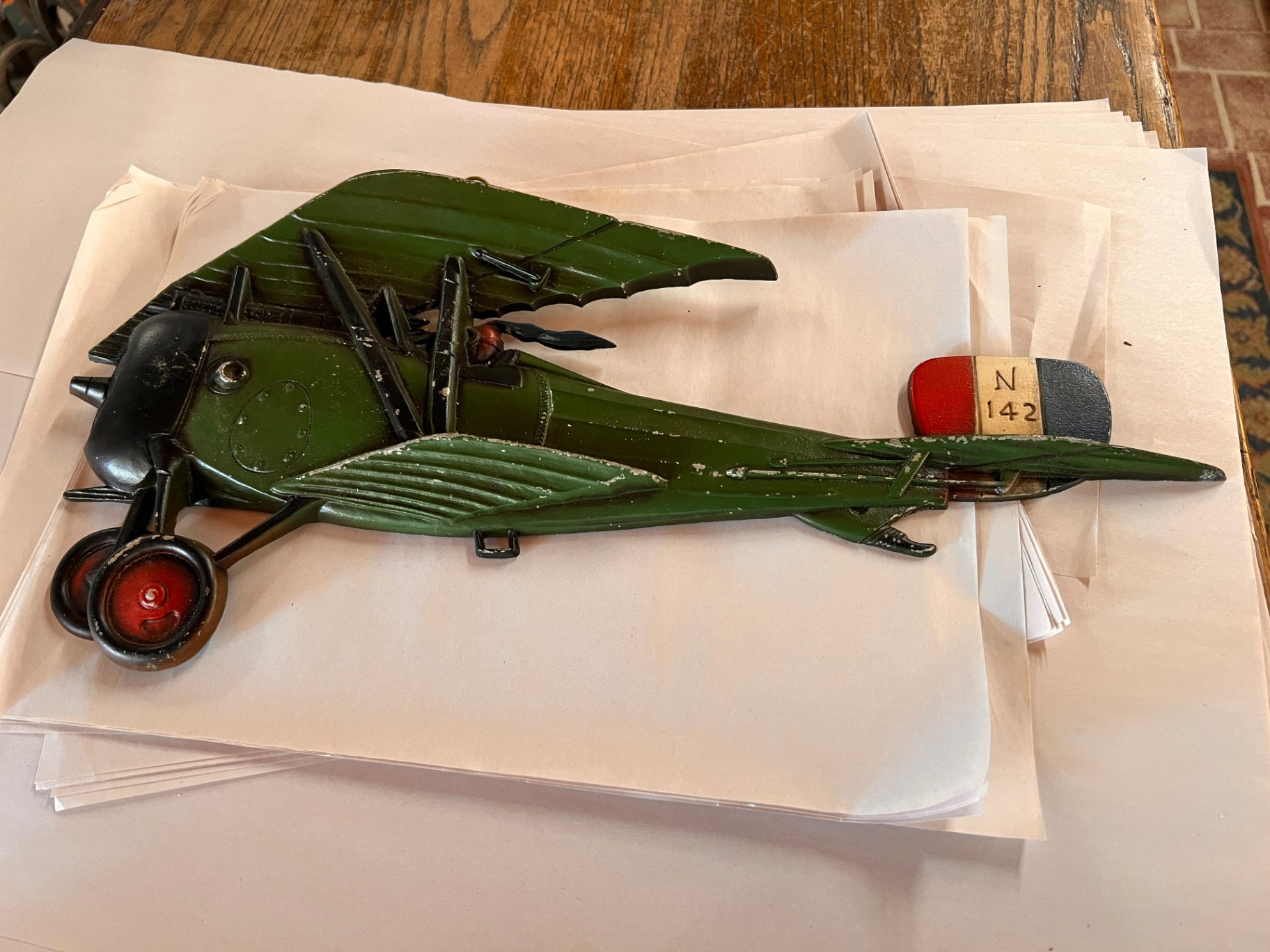 Vintage Sexton USA Cast Metal N-142 Bi-plane Airplane Wall Art 20"x10"