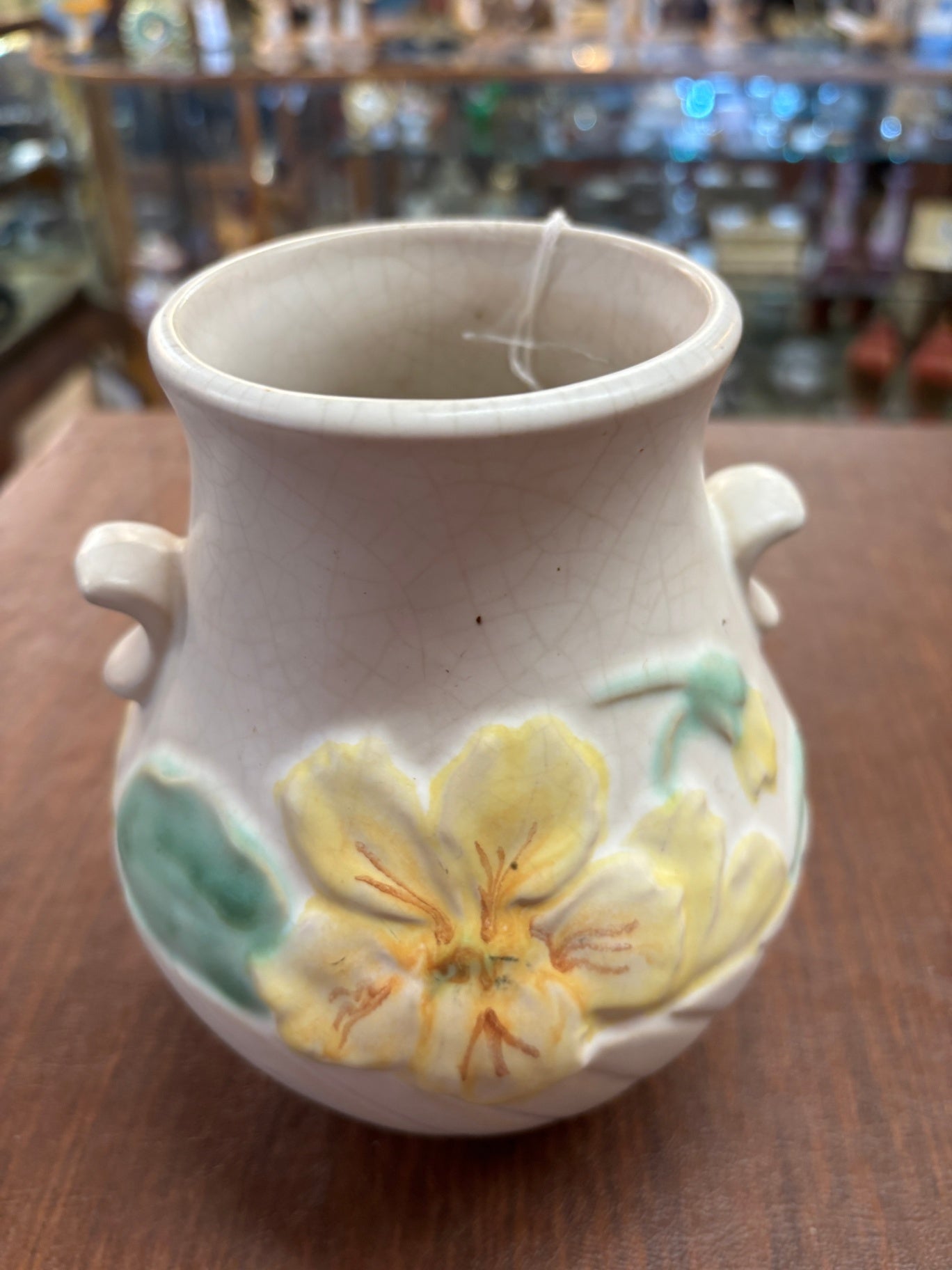 VINTAGE *UNSIGNED MCCOY POTTERY FLORAL VASE TWO HANDLED MATTE FINISH F