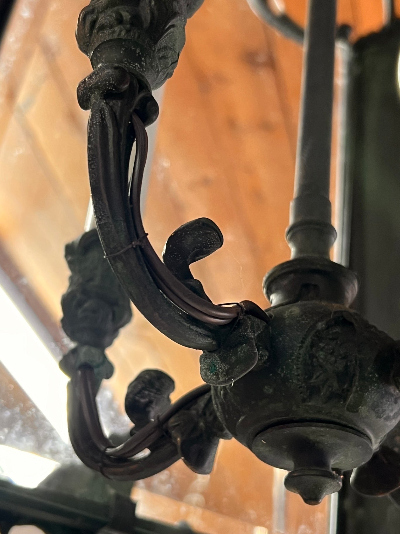 Antique French Rococo Revival Solid Bronze Hall Lantern Chandelier with Beveled Glass Panels