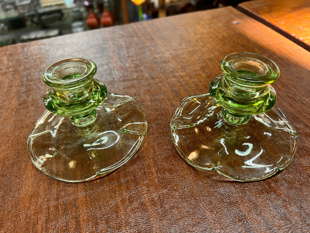 Pair Of Uranium/Vaseline Glass Candlestick Holders Vintage