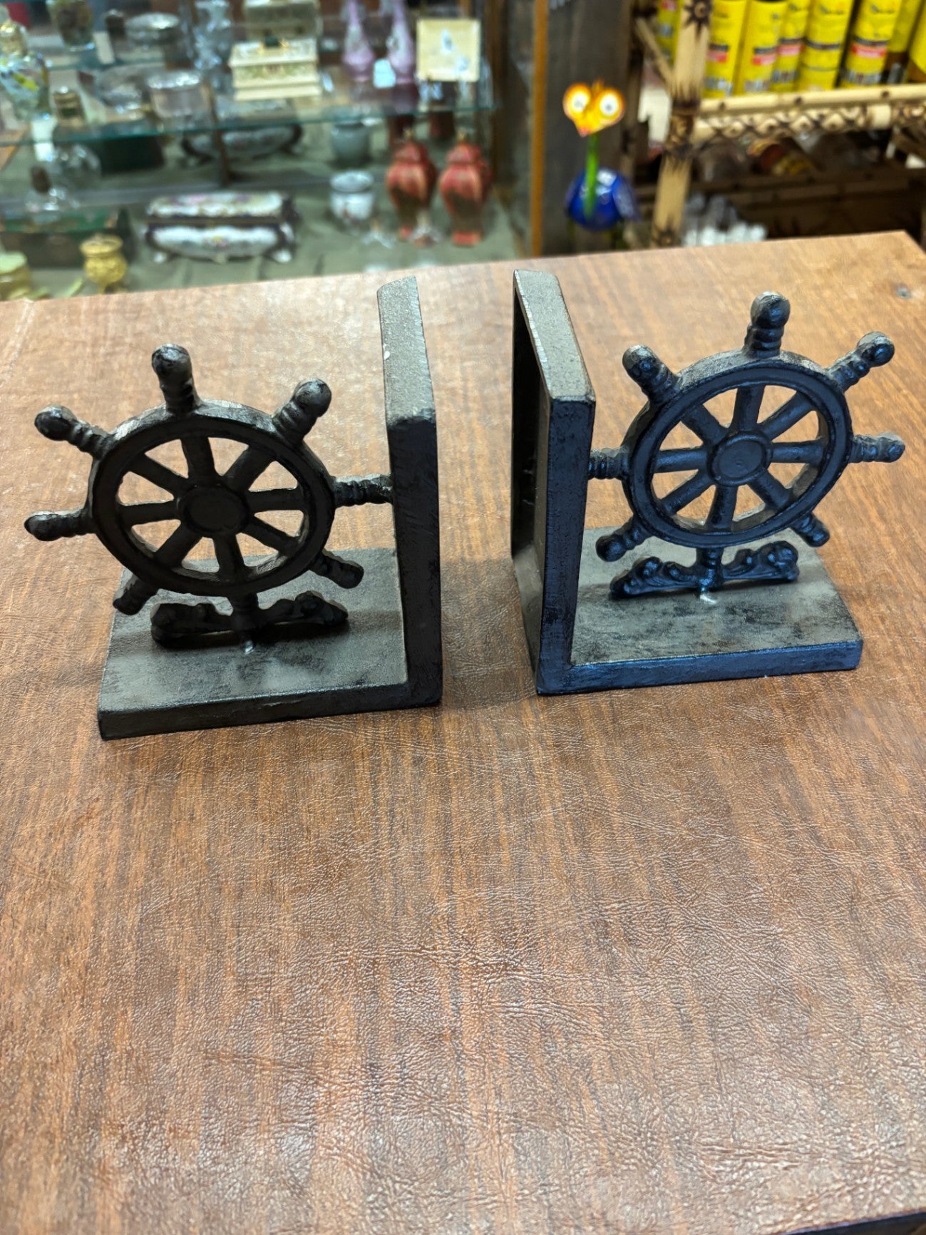 Nautical Anchor and Ship's Wheel Iron Bookend Set