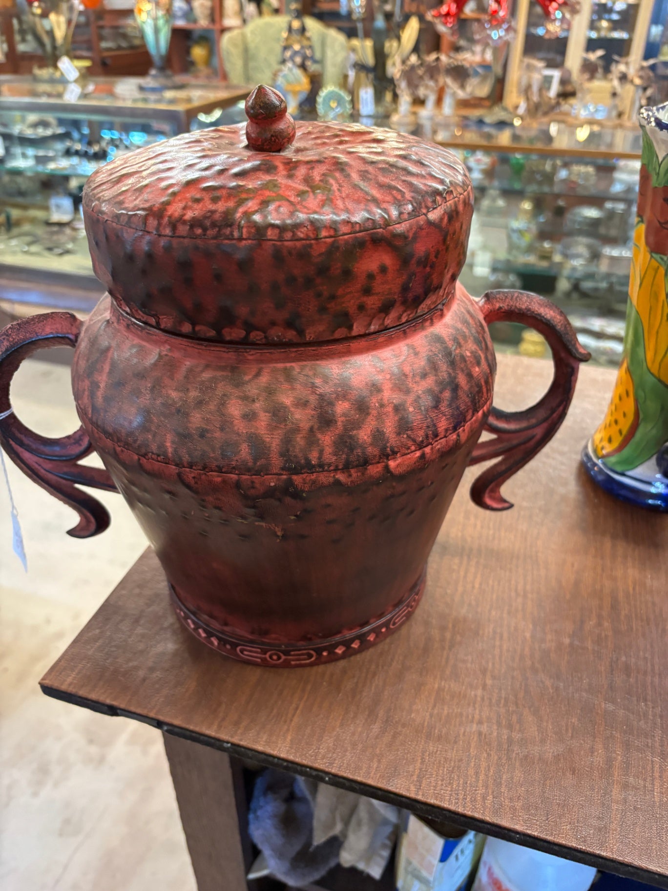 Decorative Metal Pot  With Lid Hammered Red