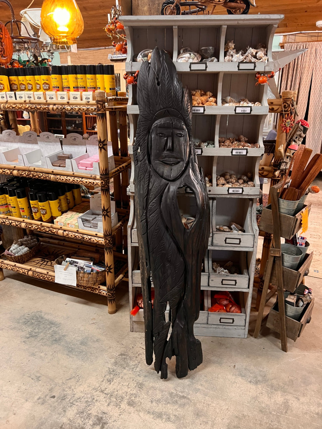 Monumental Hand-Carved Native American Chief Driftwood Sculpture – 65” Tall Rustic Statement Piece