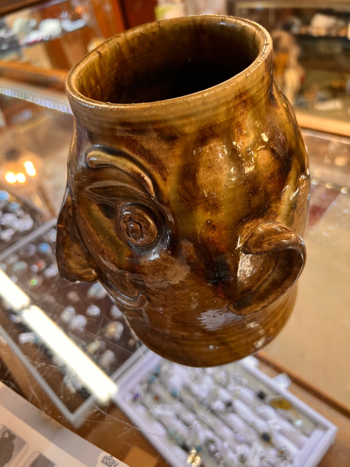 Rodney Leftwich North Carolina Folk Art Face Jug – Handcrafted Southern Stoneware Pottery Sculpture