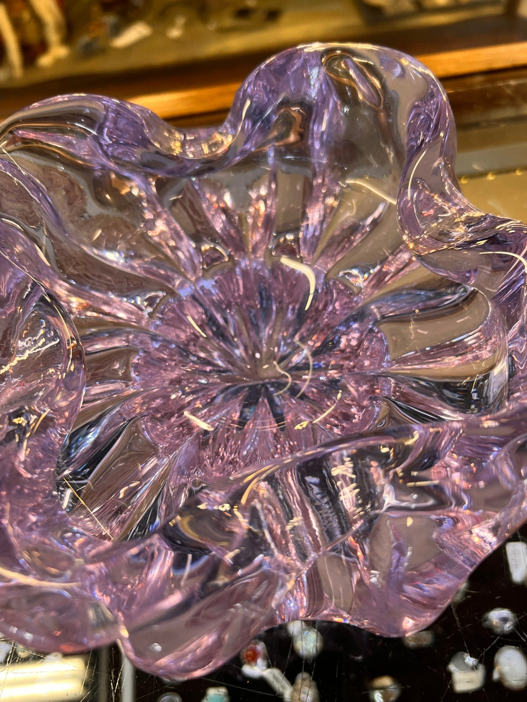 Vintage Tiffin Amethyst Glass Bowl 8” – 10 Rib Optic Ruffled Crystal Centerpiece