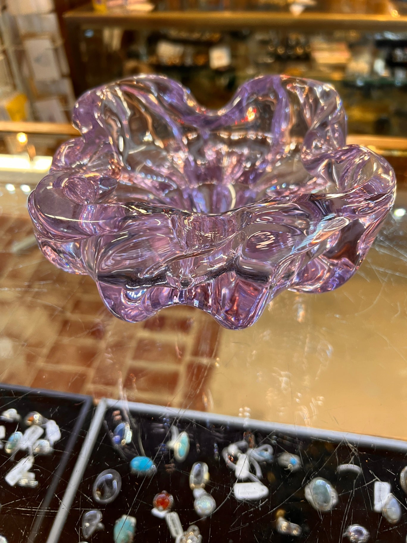 Vintage Tiffin Amethyst Glass Bowl 8” – 10 Rib Optic Ruffled Crystal Centerpiece