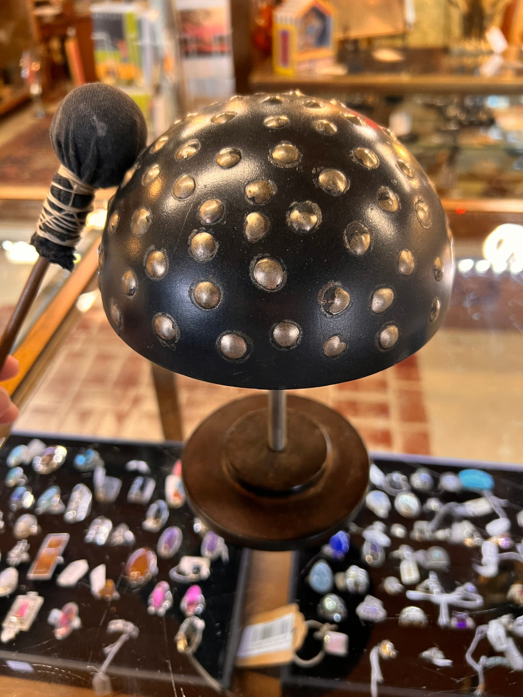Hand Hammered Metal Slit Drum with Mallet – African Style Decorative Steel Percussion Instrument on Stand