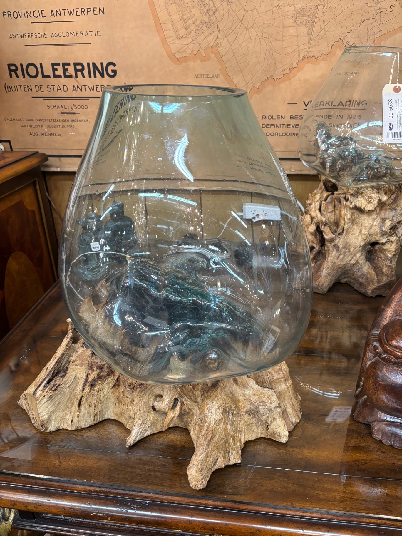 Hand Blown Molten Glass on Wood Root Base Sculpture Hugh