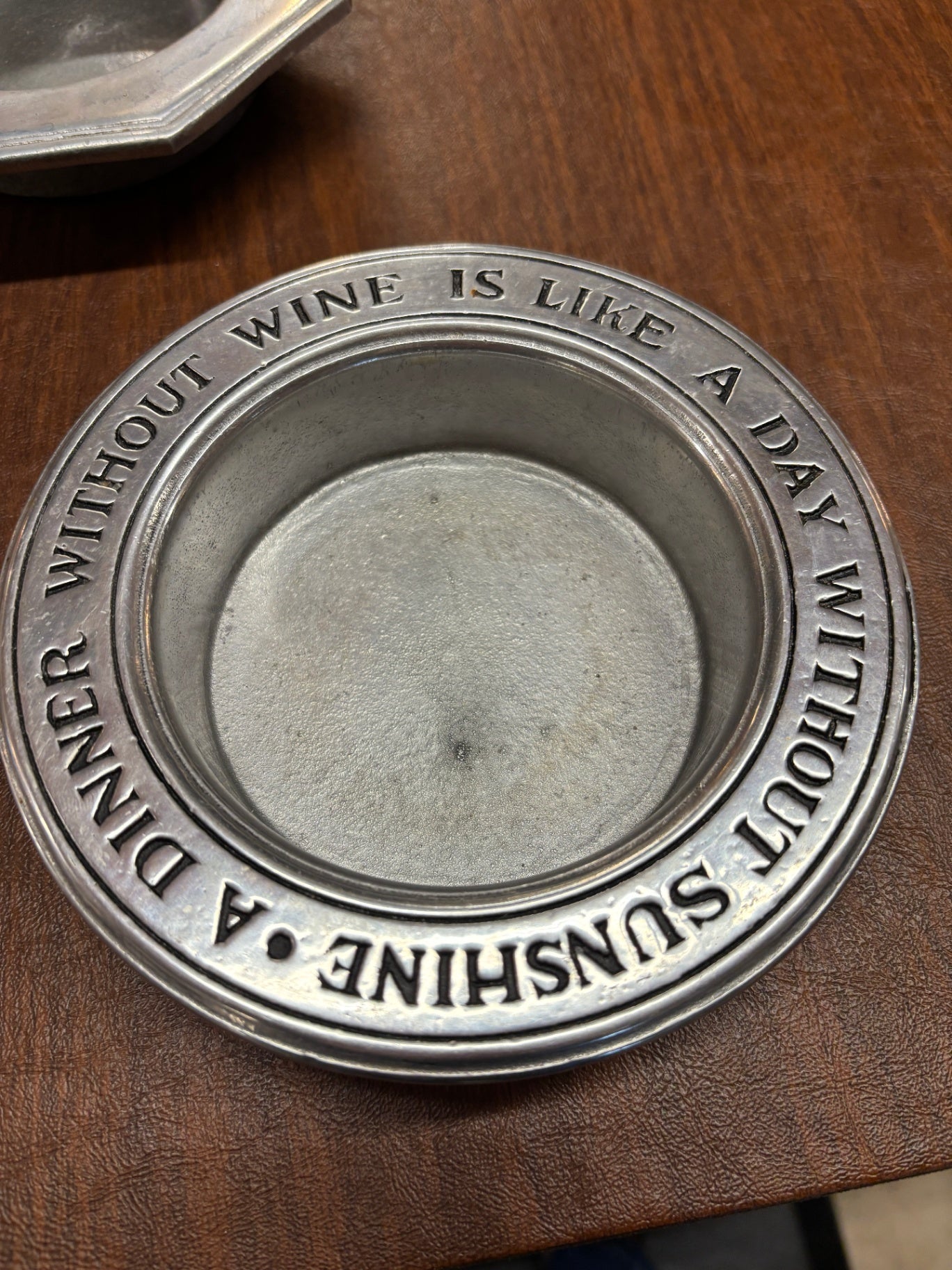 Vintage Wilton Armetale Pewter Wine Bottle holder, USA, “Dinner W/O Wine”, 6.5"