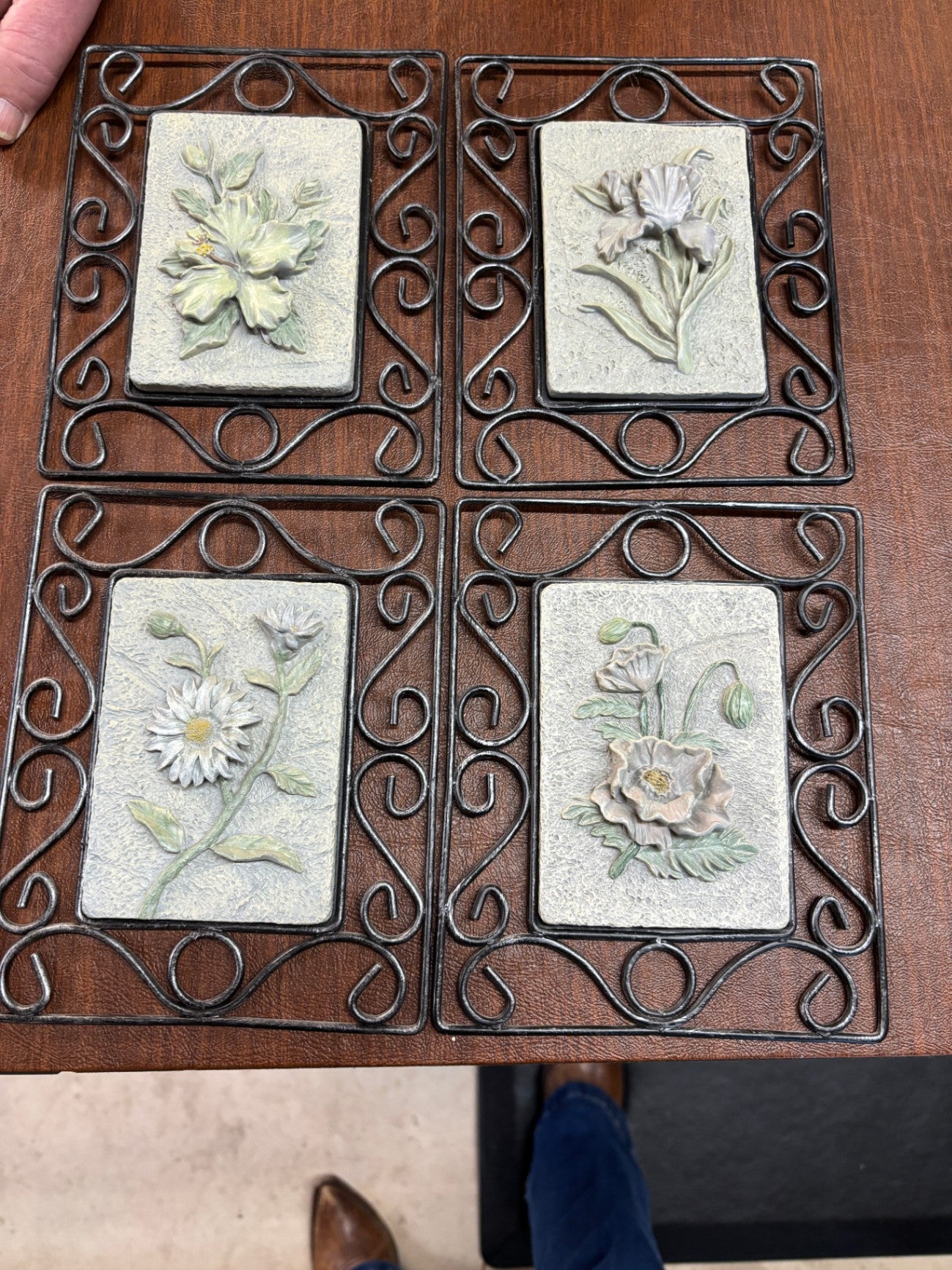 Four 6” x 7 1/2” Green/Black Flower Wall Plaques