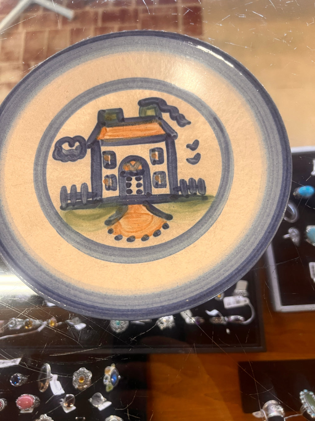 M. A. Hadley Hand Painted Pottery 7.5" Signed Dessert Bread Plate FARM HOUSE