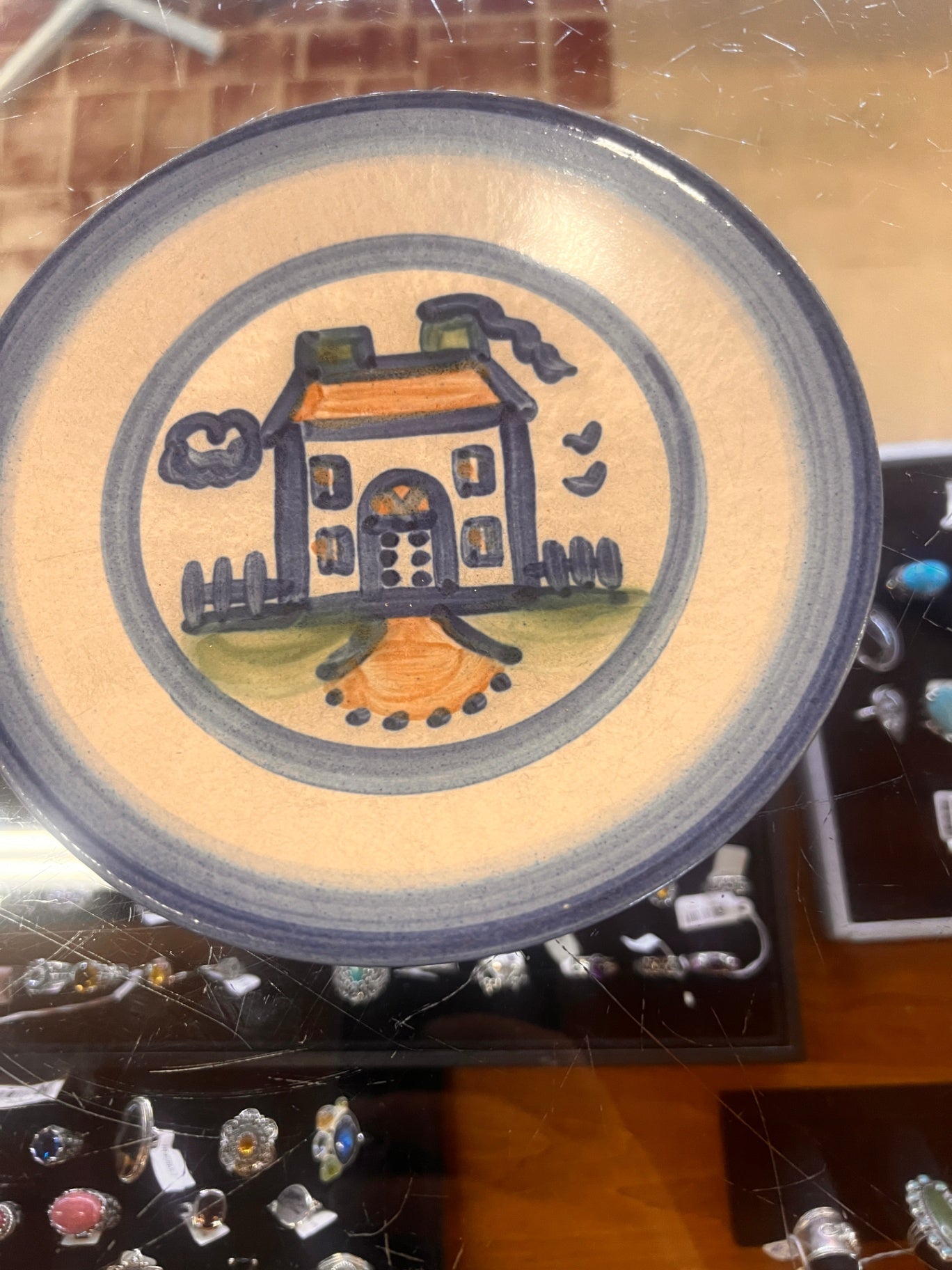 M. A. Hadley Hand Painted Pottery 7.5" Signed Dessert Bread Plate FARM HOUSE