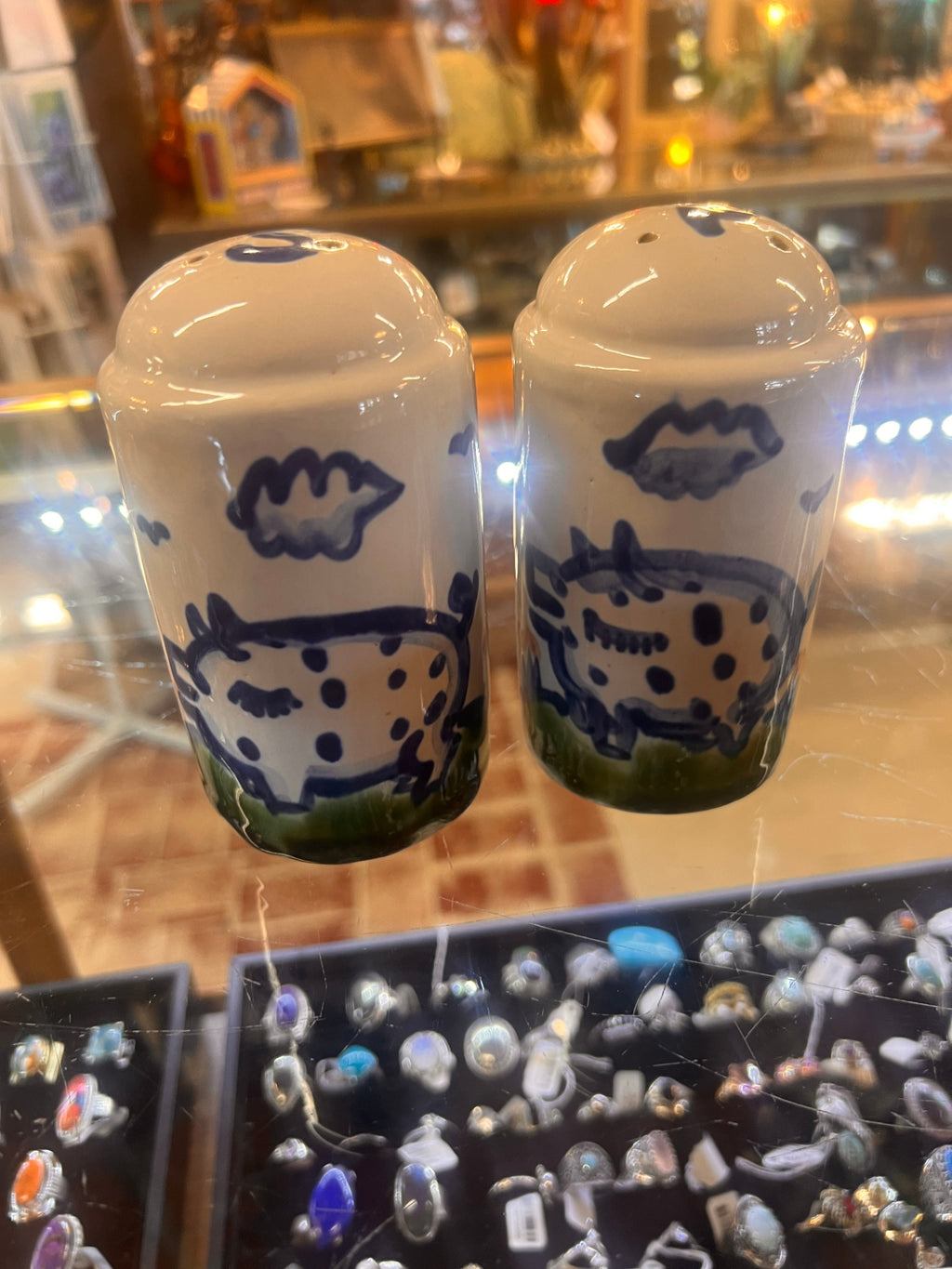 Large Salt & Pepper Set Country Scene Blue by M A Hadley