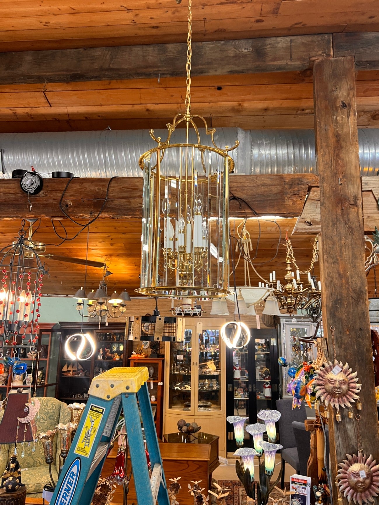 Hunter Beveled Glass 6 Light Brass Chandelier