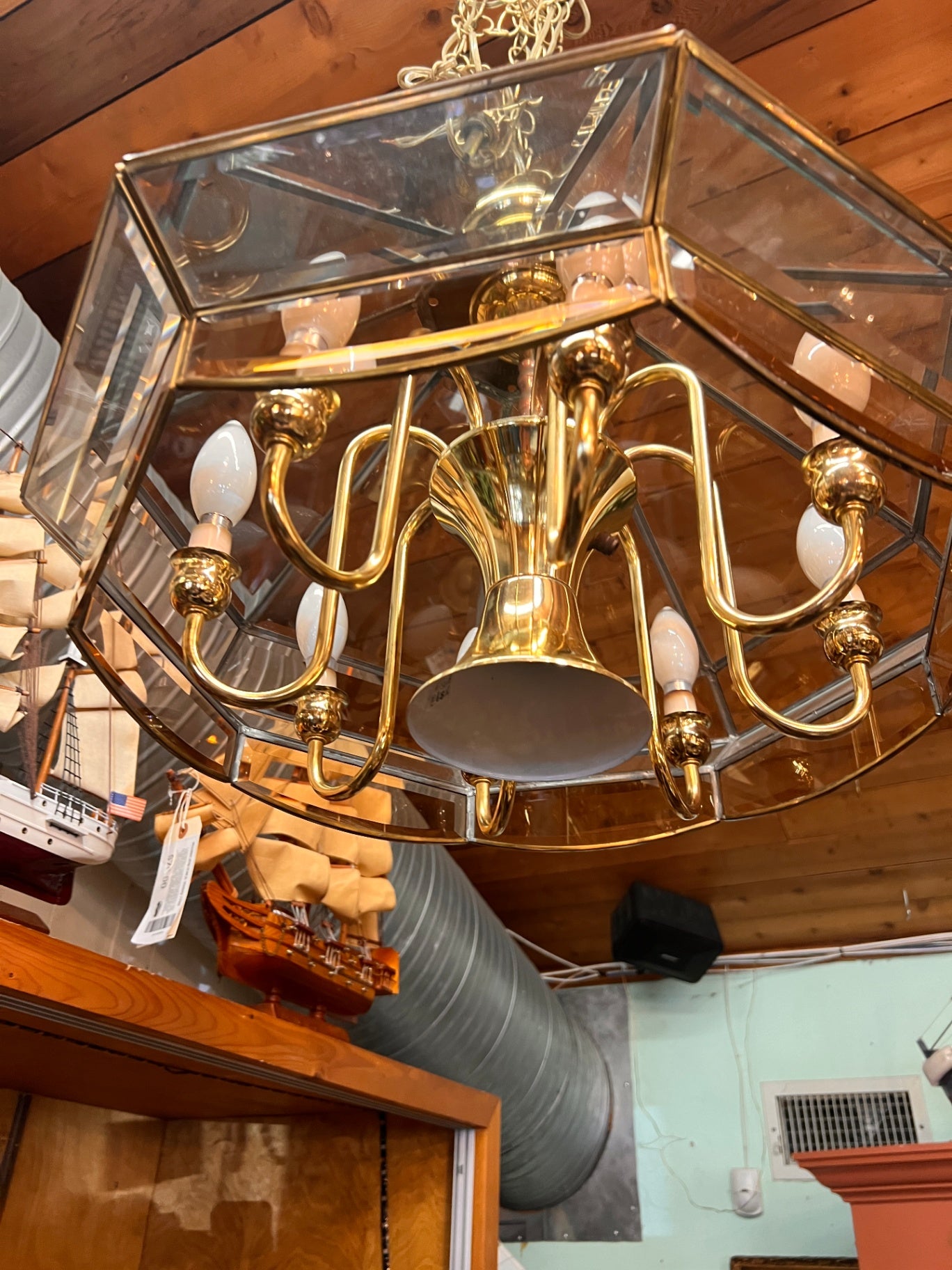 1980 Fredrick Ramond Style Ceiling Light Fixture Brass 9 Lite Chandelier Pendant Glass