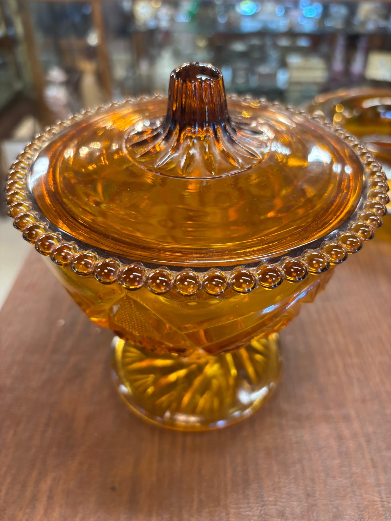 Vintage Indiana Glass Amber Pedestal Candy Dish w/Lid