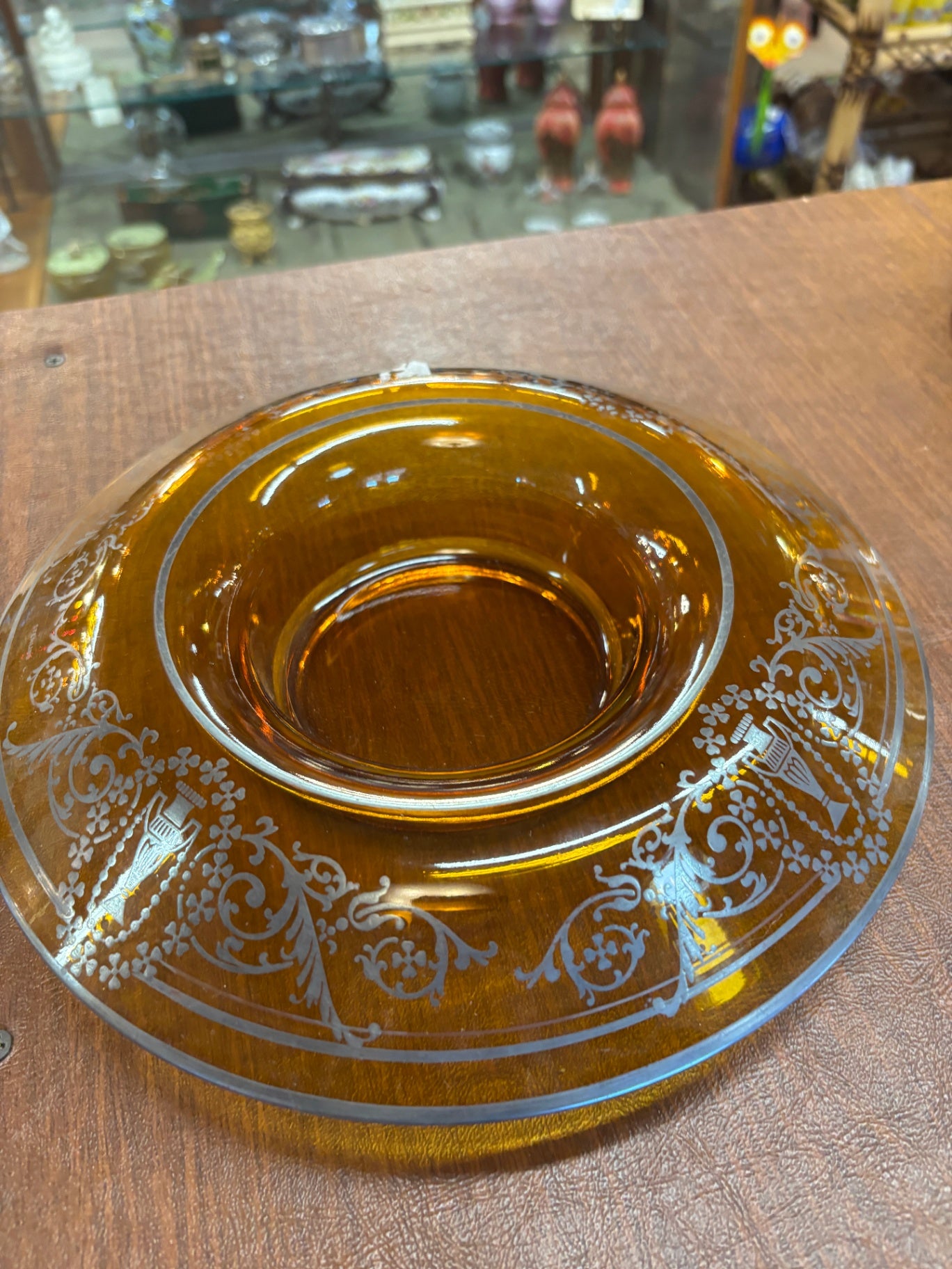 Amber Console Bowl with Leaf Etching